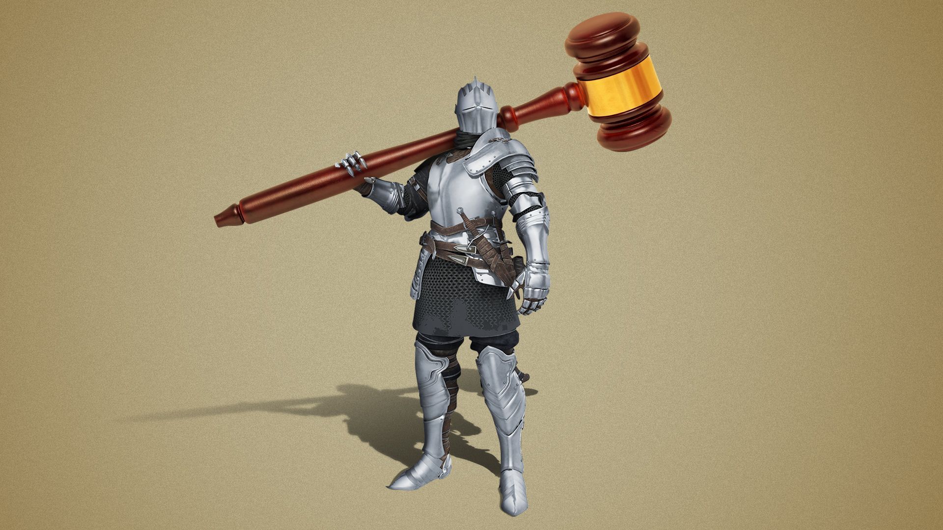 Illustration of a knight carrying a giant gavel over its shoulder. 
