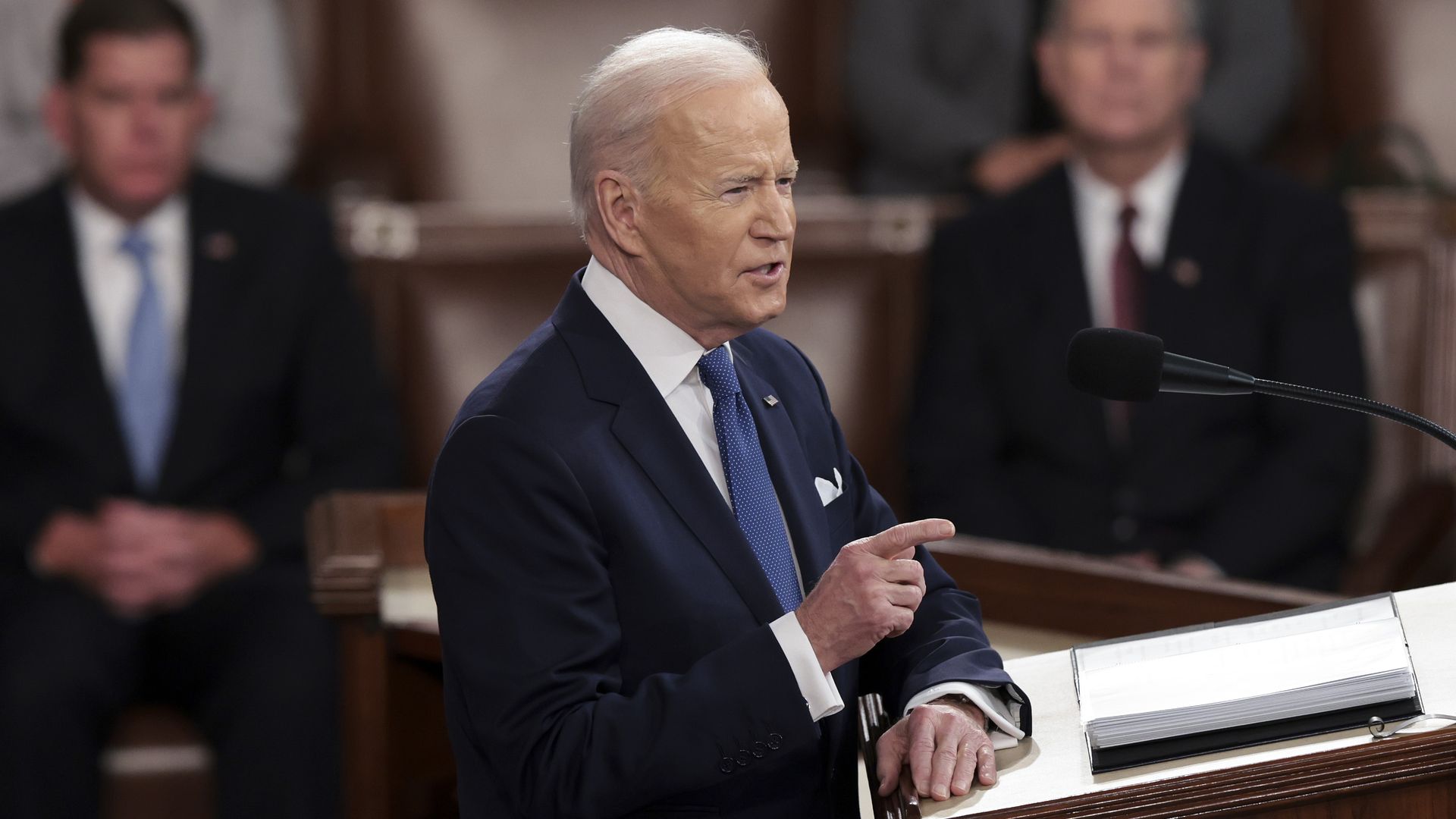 U.S. President Joe Biden delivers the State of the Union address during a joint session of Congress in the U.S. Capitol's House Chamber.