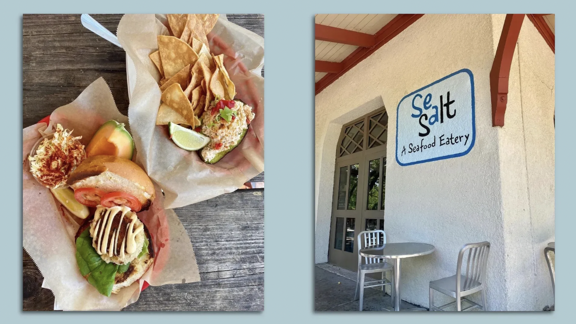 fish tacos and a phoot of sea salt sign above a metal chair and table