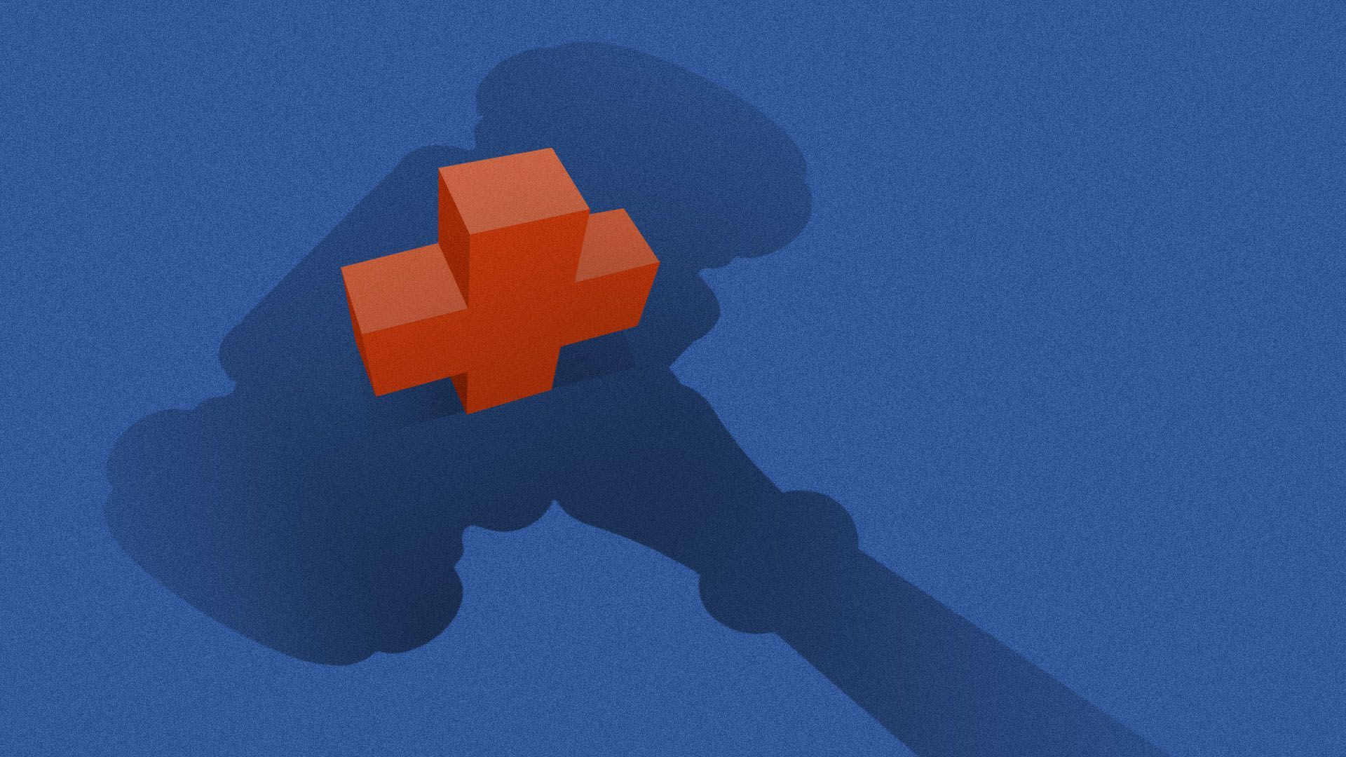 Illustration of a shadow of a gavel hovering over a medical plus symbol