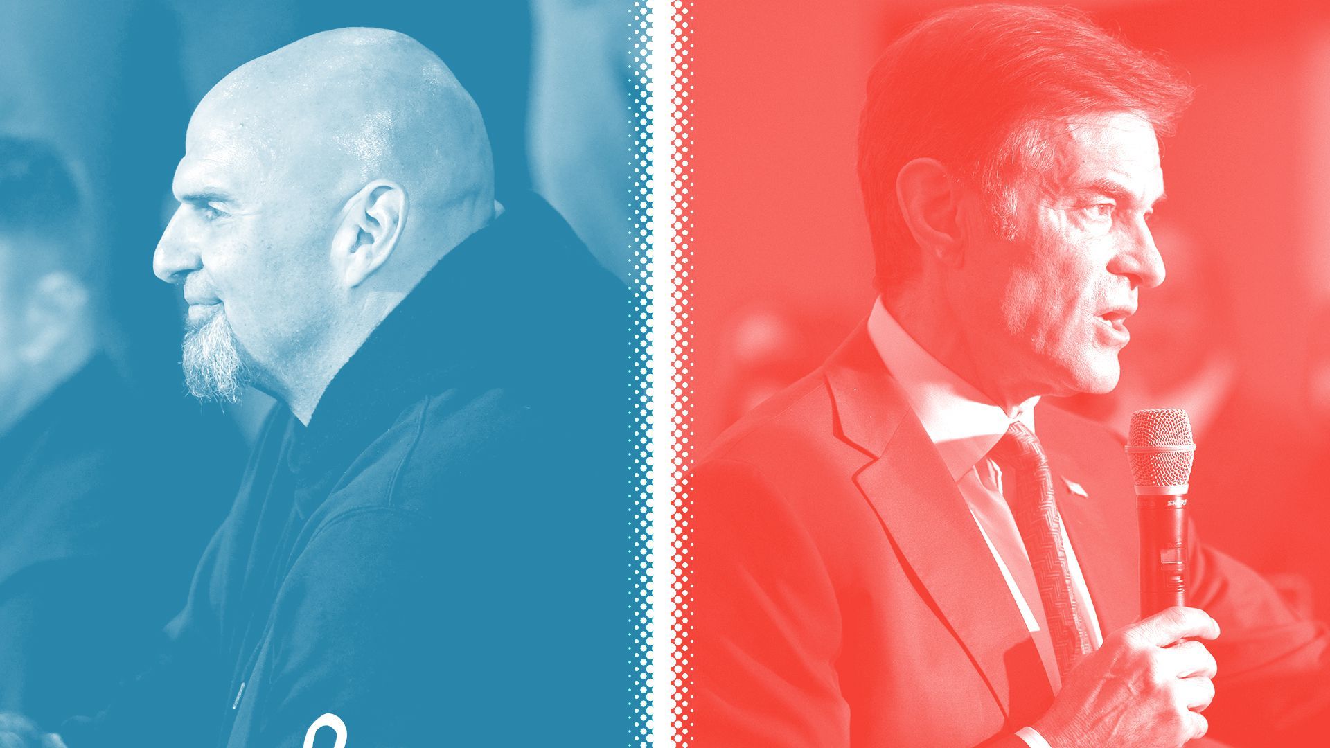 Photo illustration of a blue-tinted John Fetterman and a red-tinted Mehmet Oz separated by a white halftone line