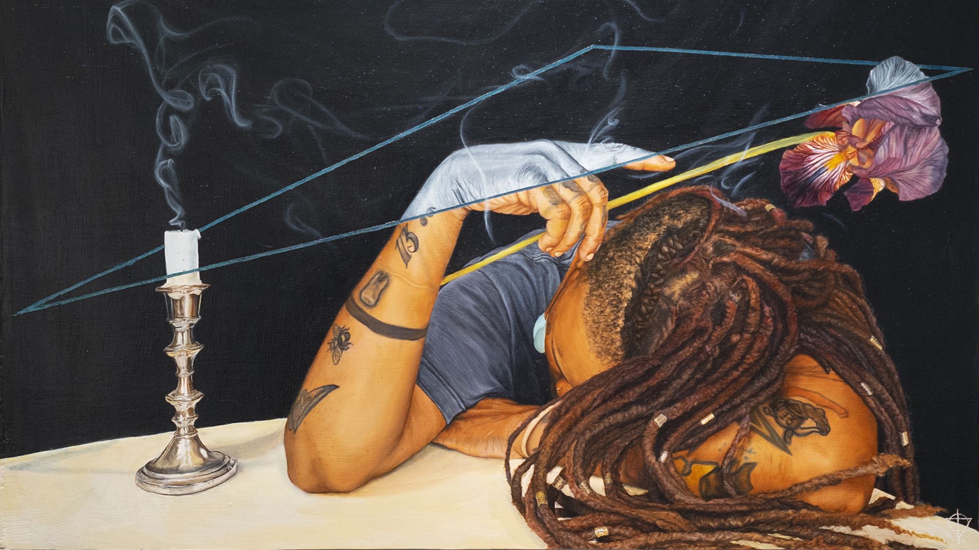 A person sits slumped over a table in a scanned painting.