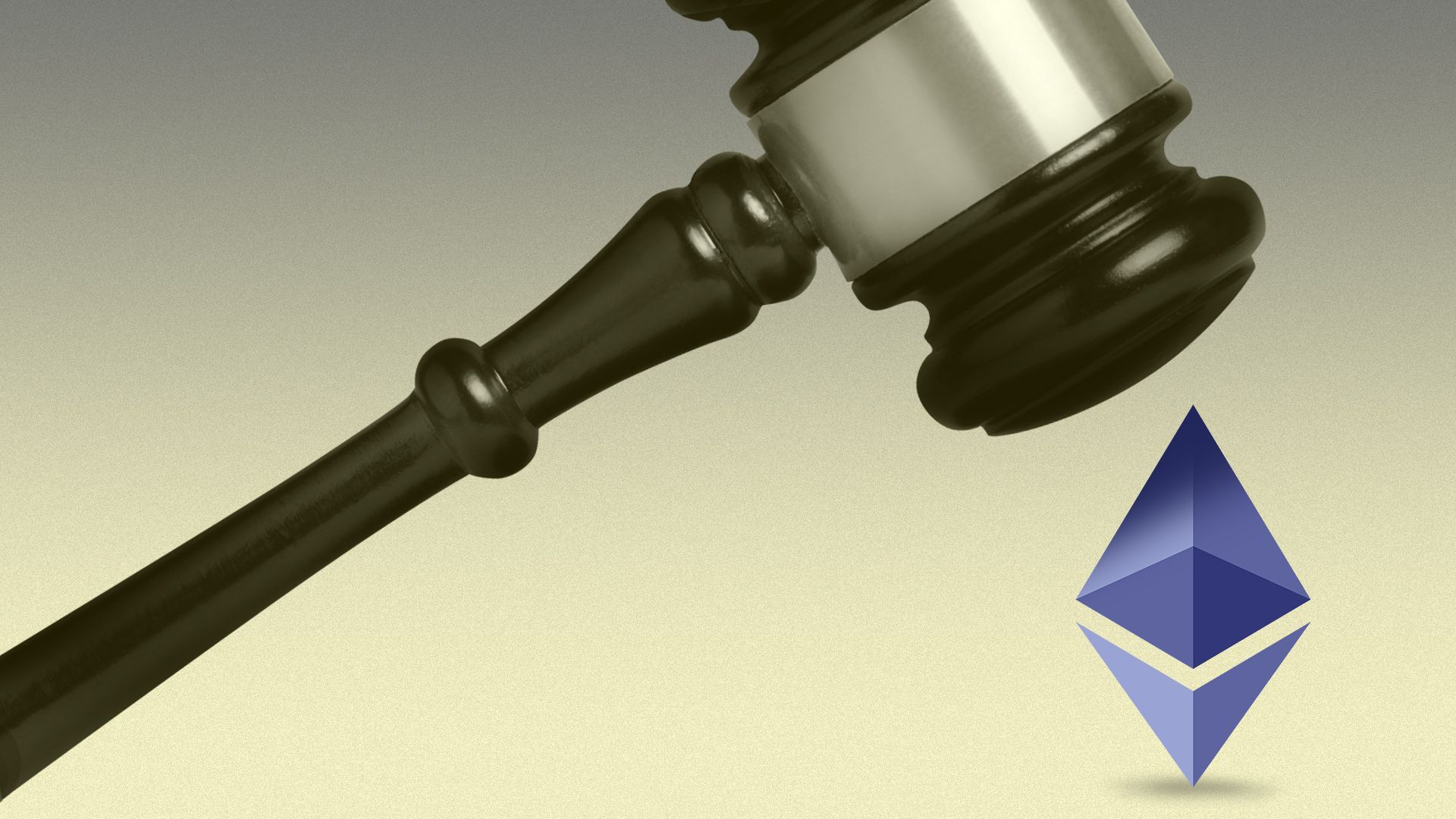 Illustration of a gavel hovering over Ethereum's logo.