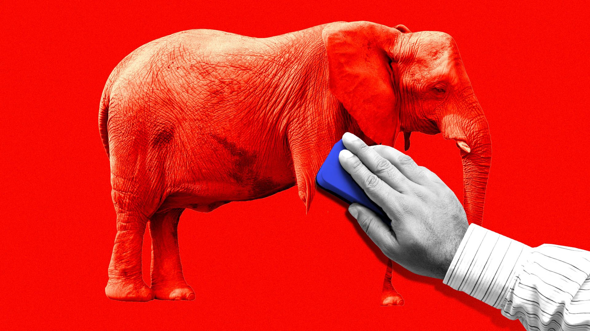 Illustration of a hand erasing an elephant on a red background