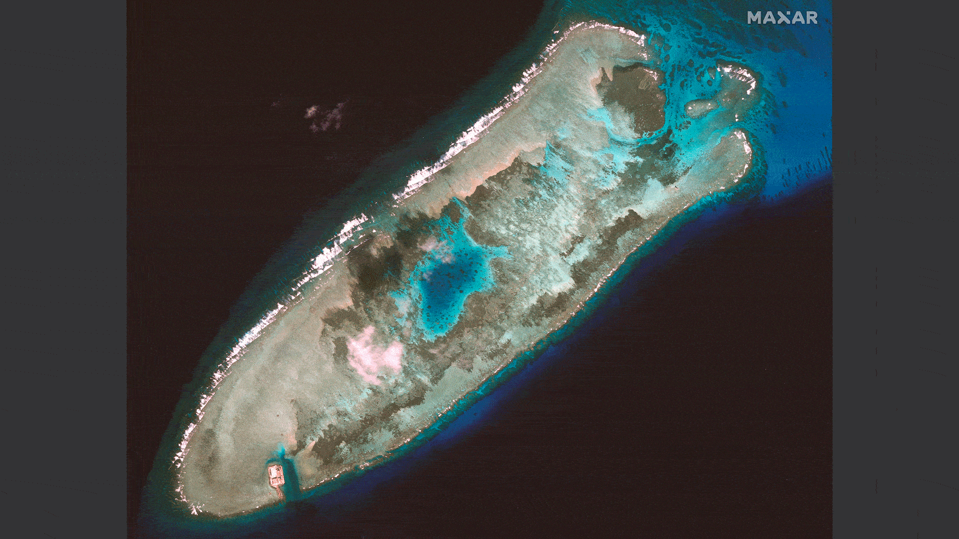 GIF shows three satellite views of various stages of Chinese military buildup in the South China Sea 
