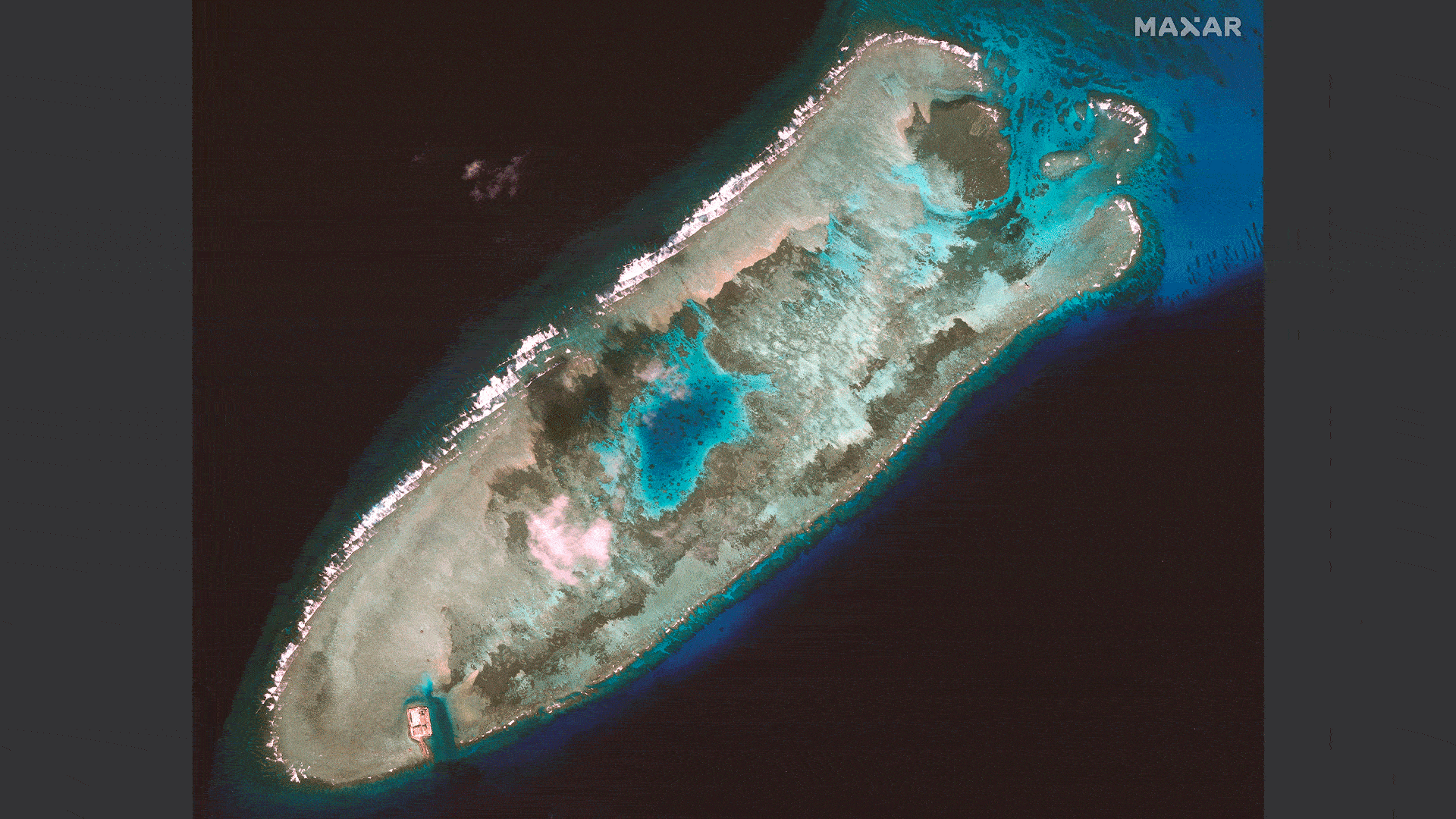 GIF shows three satellite views of various stages of Chinese military buildup in the South China Sea