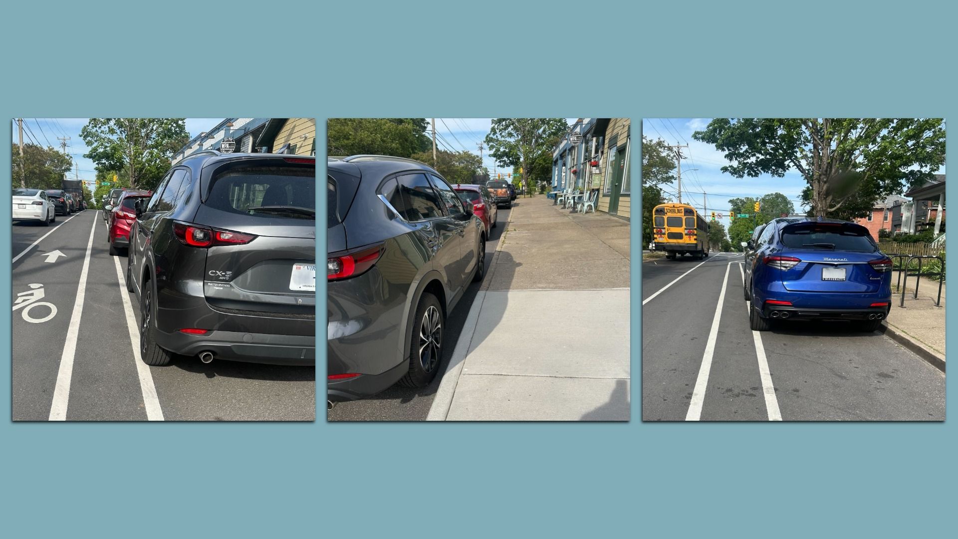 Triptych of a city street: left panel shows a gray SUV in a bike lane; middle panel shows another car parked along a sidewalk; right panel shows a blue Maserati SUV with a yellow school bus ahead and storefronts.