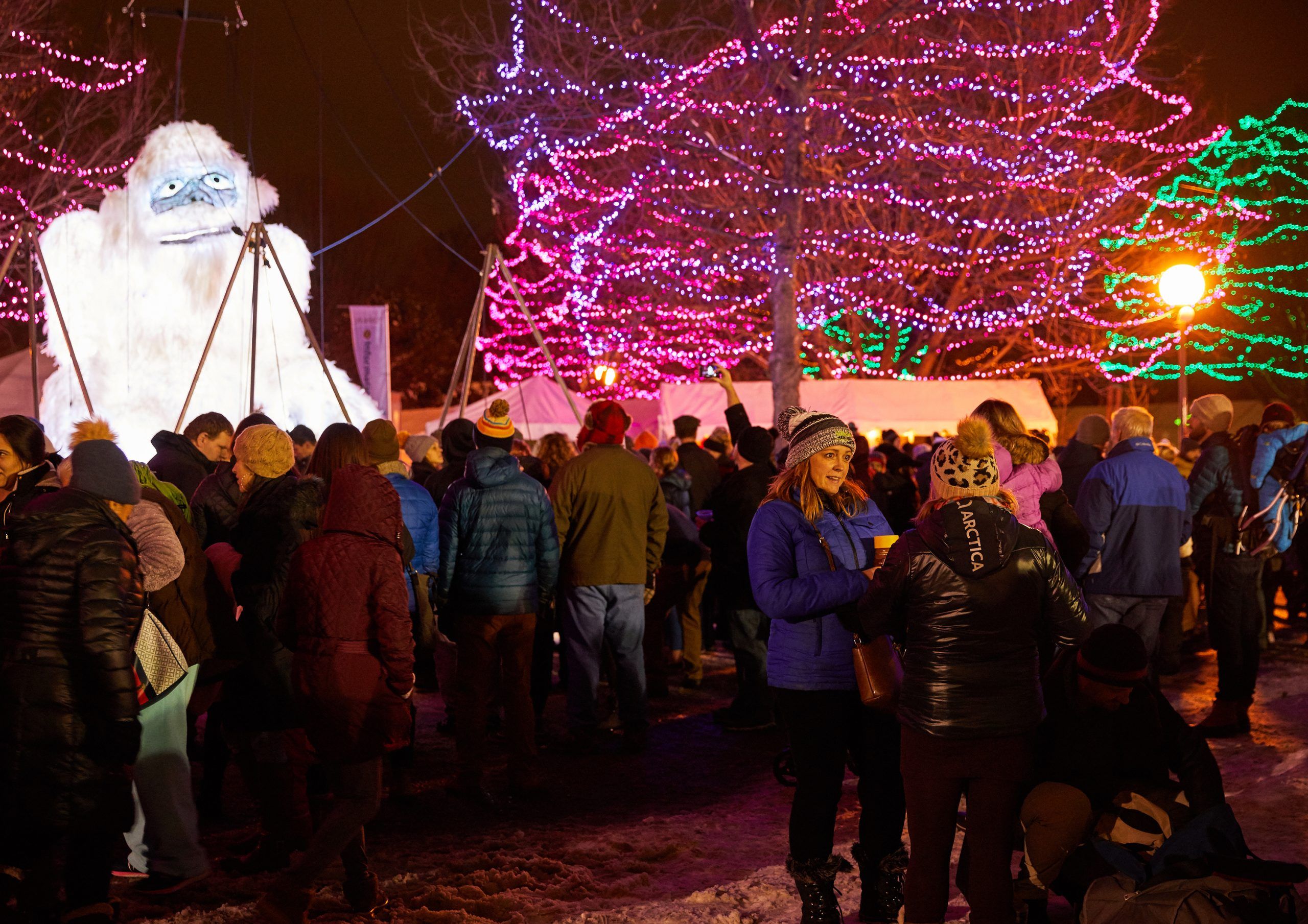 People gather at a holiday light festival