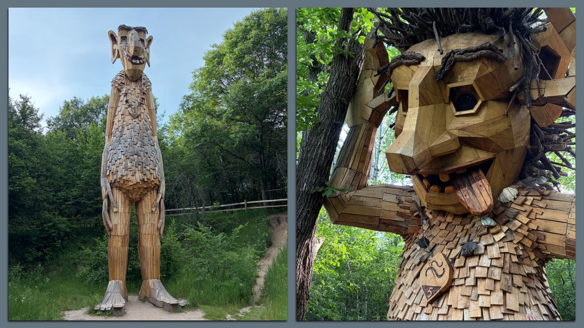 Side-by-side wooden art pieces in a forest: left a tall, shingled humanoid statue; right a close-up of a geometric wooden head with tangled tree roots entwined.