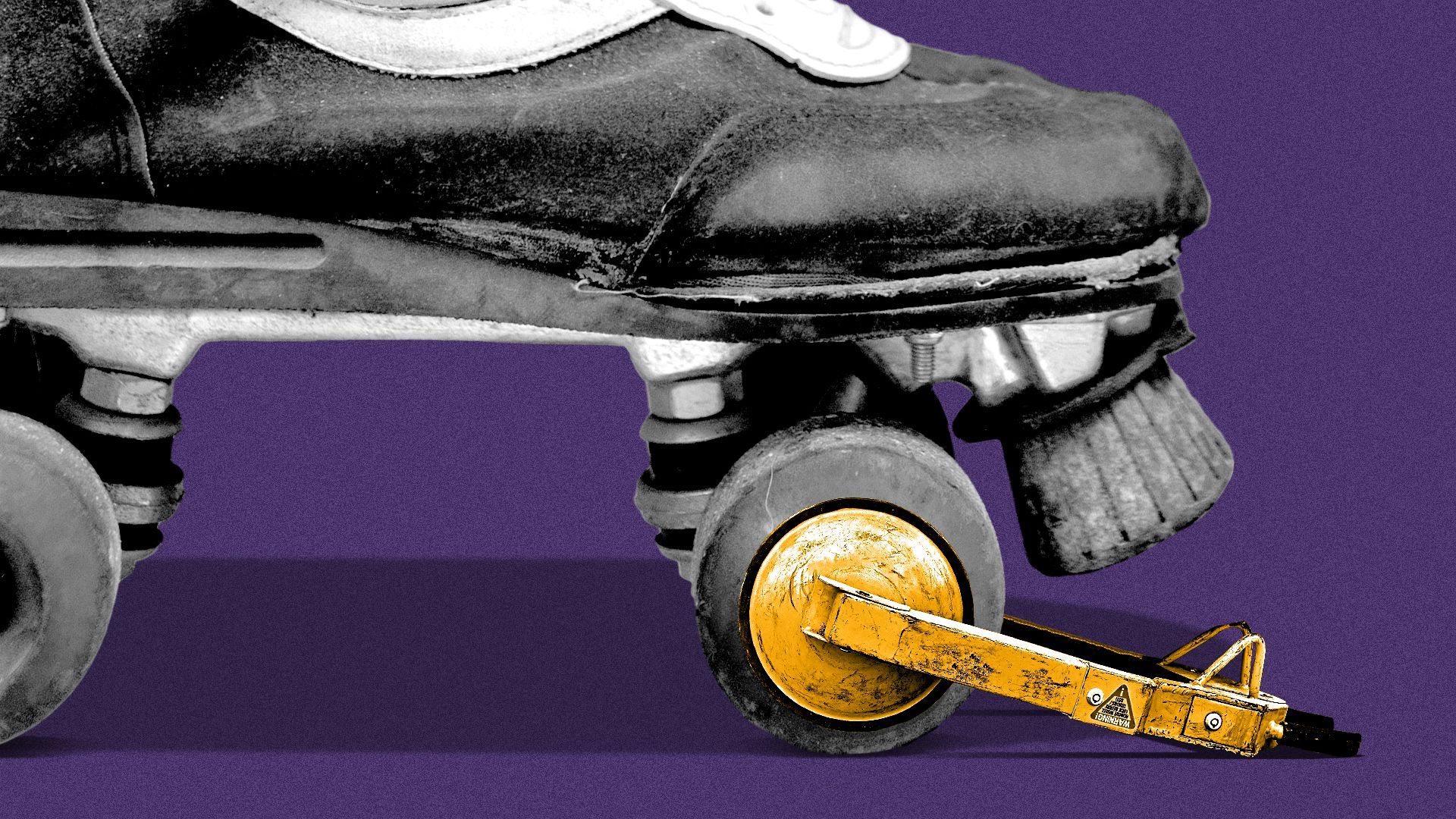 Illustration of a roller skate with a wheel clamp or boot on the front right wheel.
