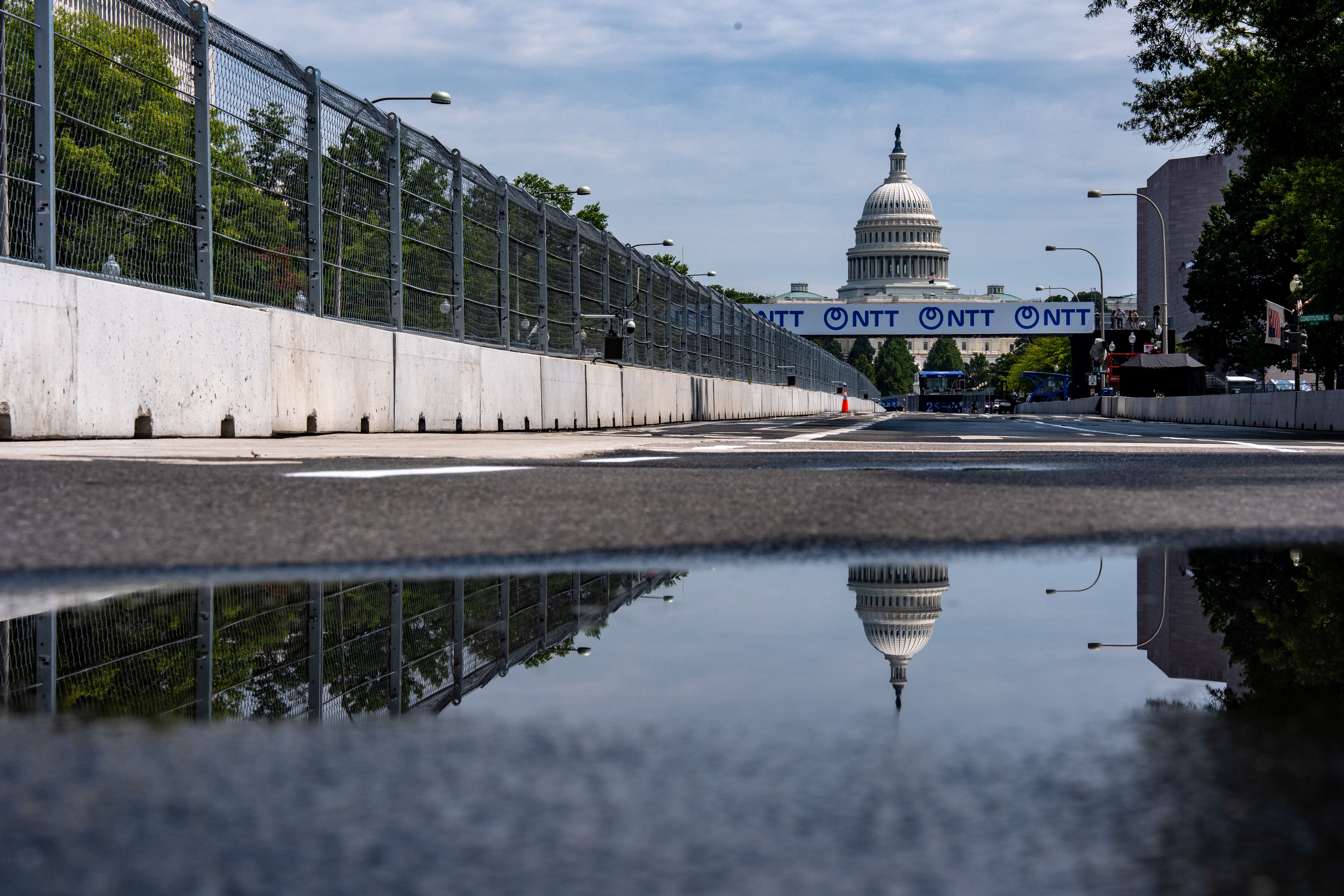 Fencing is in place on Pennsylvania Avenue with the U.S. Capitol in the background ahead of the Freedom 250 Grand Prix yesterday.