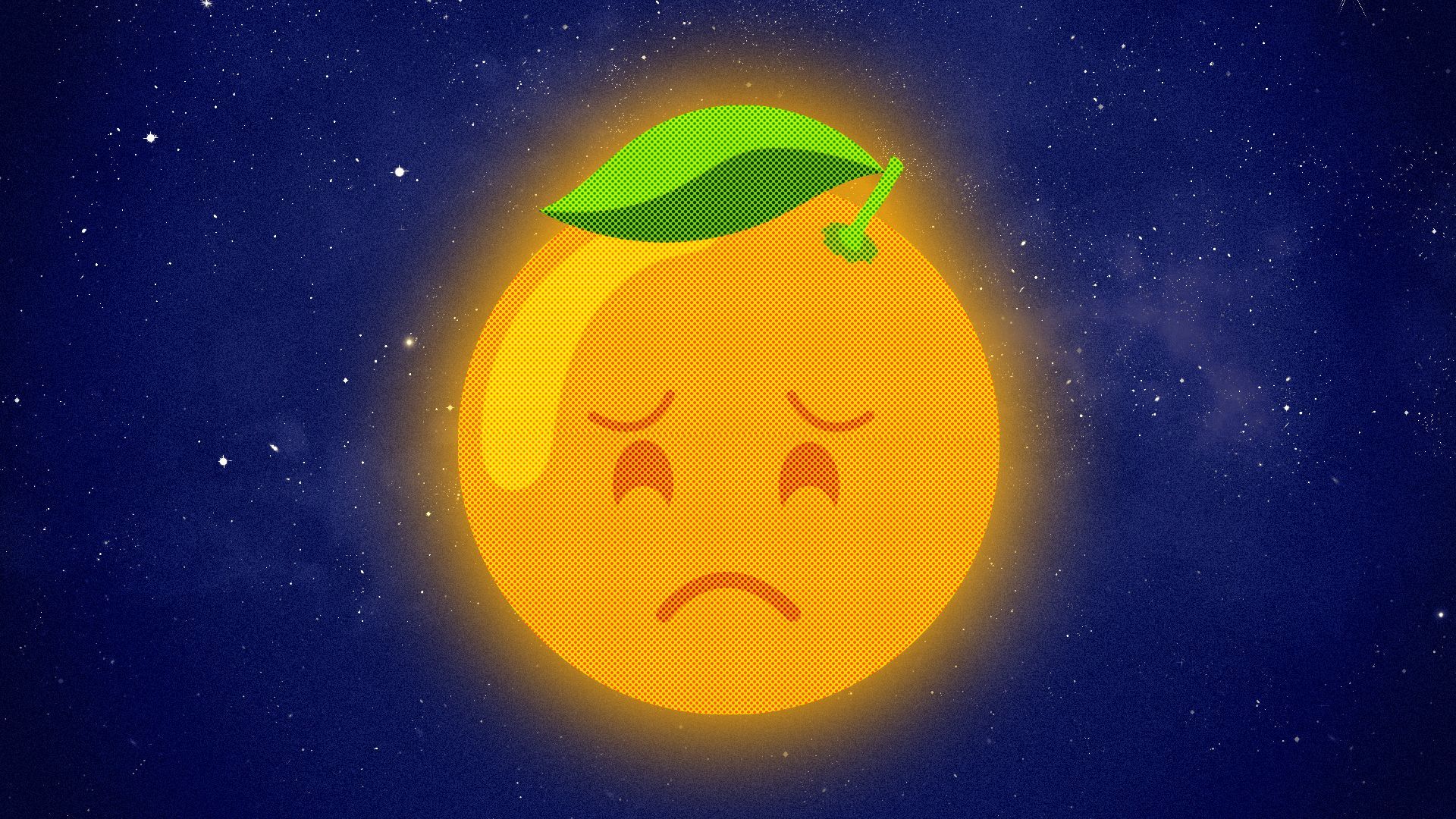 Illustration of a frowning orange emoji glowing like the moon against the night sky.