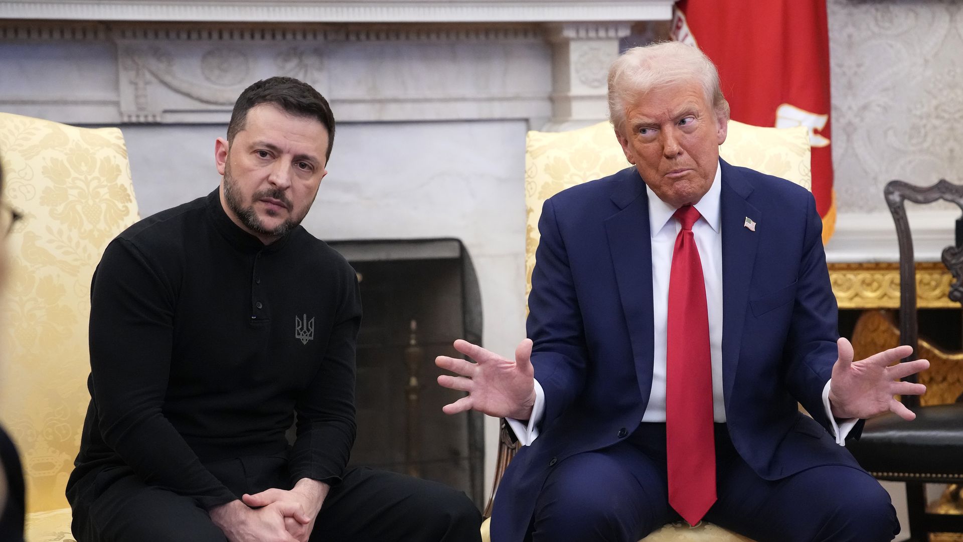 Donald Trump (R) and Ukrainian President Volodymyr Zelensky meet in the Oval Office at the White House on February 28, 2025 in Washington, DC. Trump and Zelensky are meeting today to negotiate a preliminary agreement on sharing Ukraine's mineral resources that Trump says will allow America to recoup