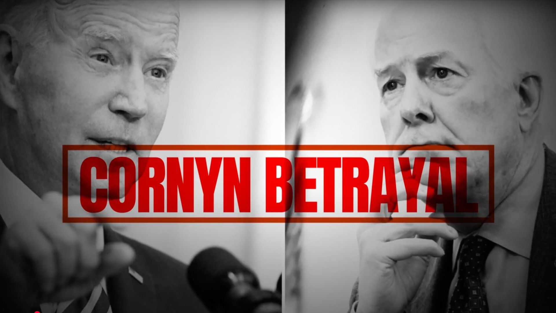 Split screen image of Joe Biden and Sen. John Cornyn with "Cornyn Betrayal" stamped across the image in red letters