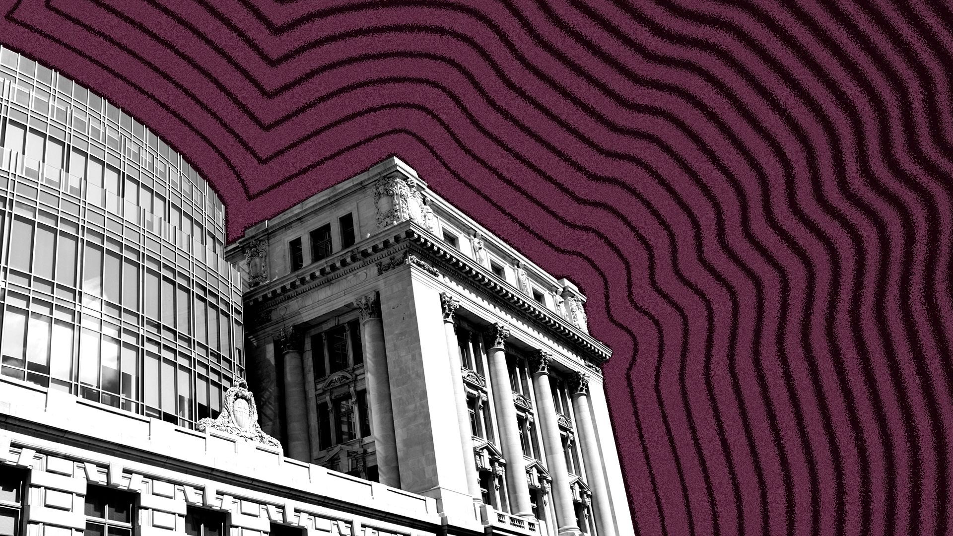 Illustration of the Wilson building in Washington with lines radiating from it.
