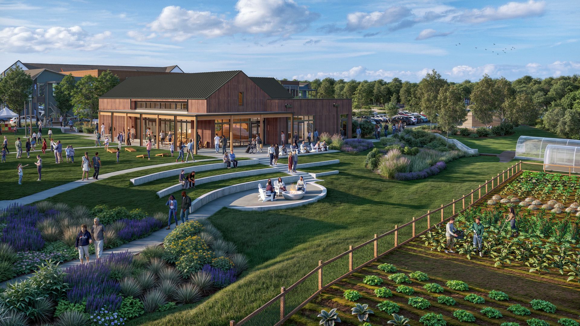 Rendering of a building and green space