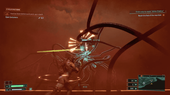 A GIF of an futuristic astronaut shooting a laser gun at an alien monster that has long tentacles