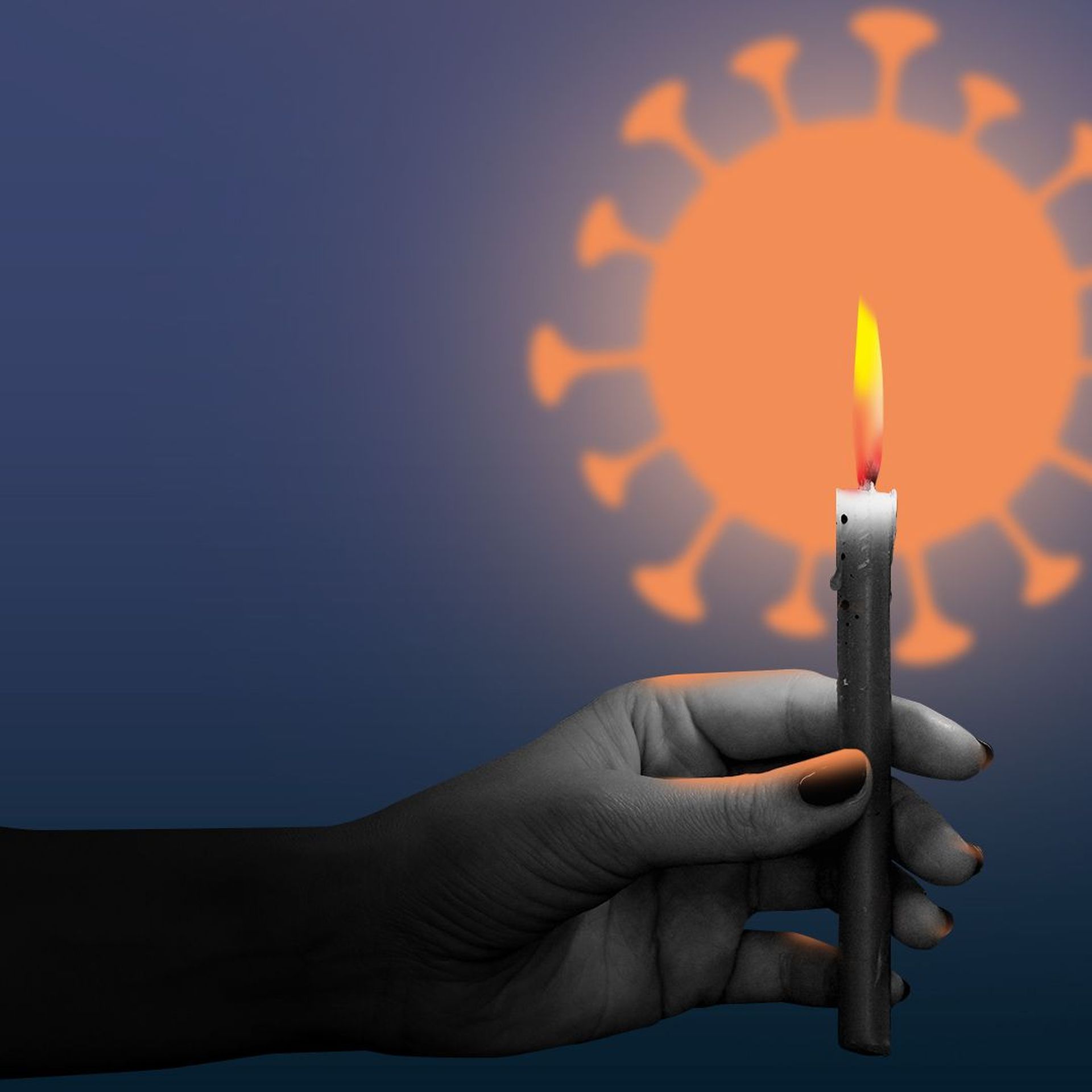 Illustration of a hand holding a candle with the candle glow shaped as a covid cell.  