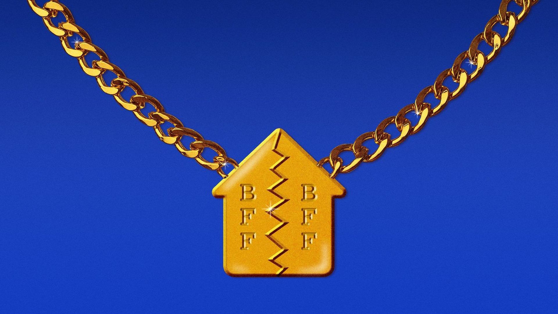A necklace with two halves that say bff in the shape of a house