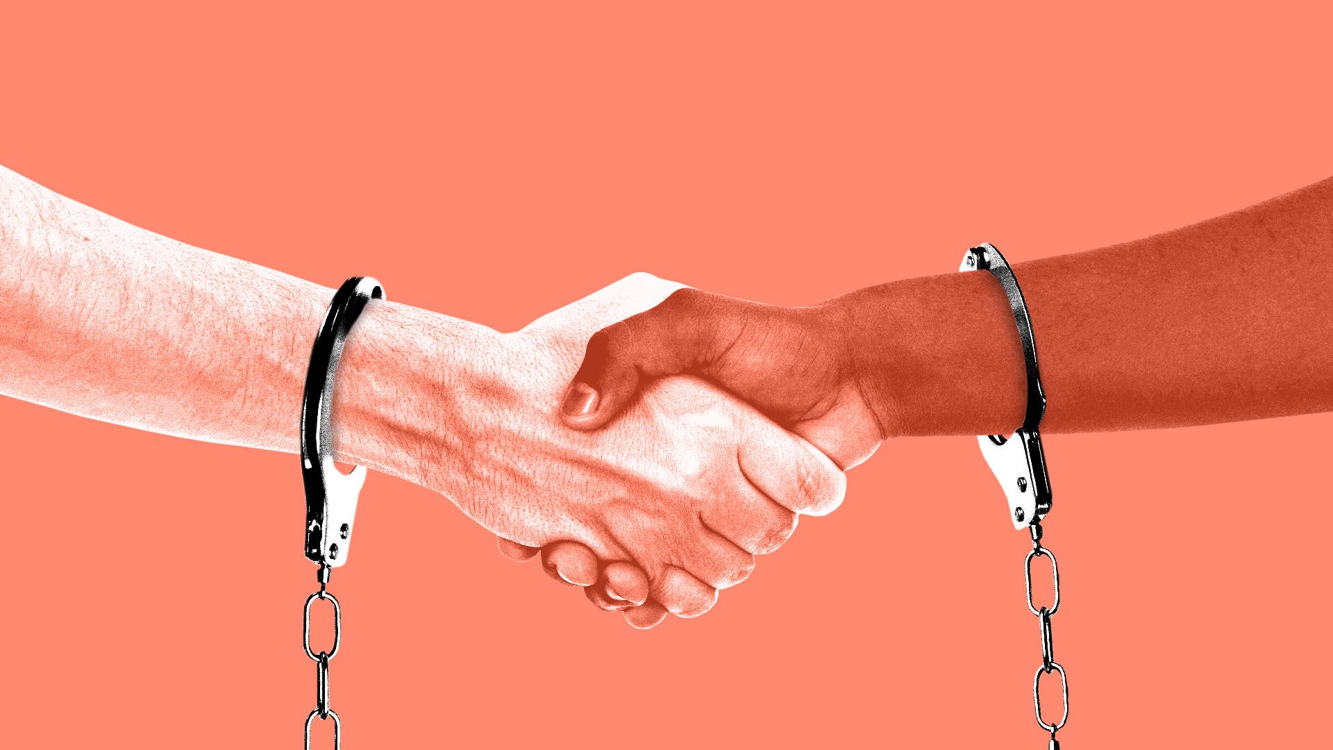 Illustration of two people shaking hands while wearing handcuffs