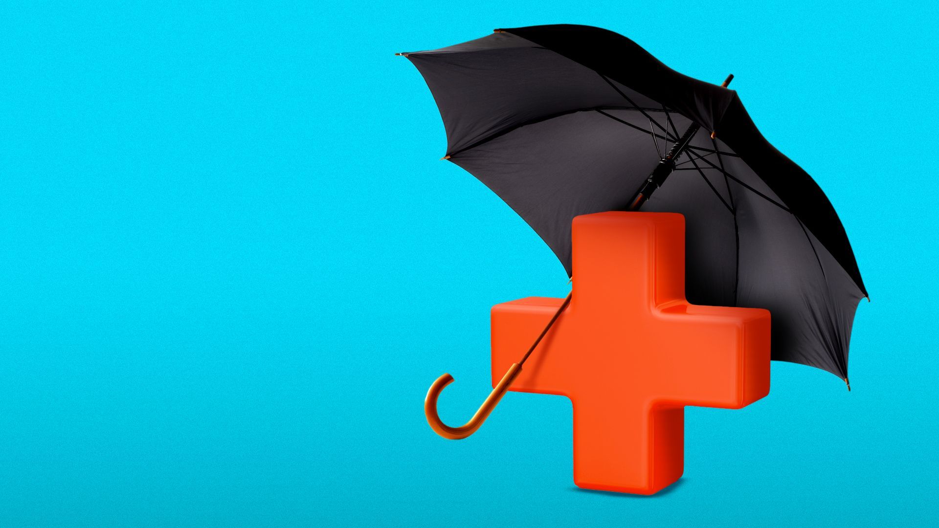 Illustration of a 3D health plus shape propping up an umbrella to cover itself. 