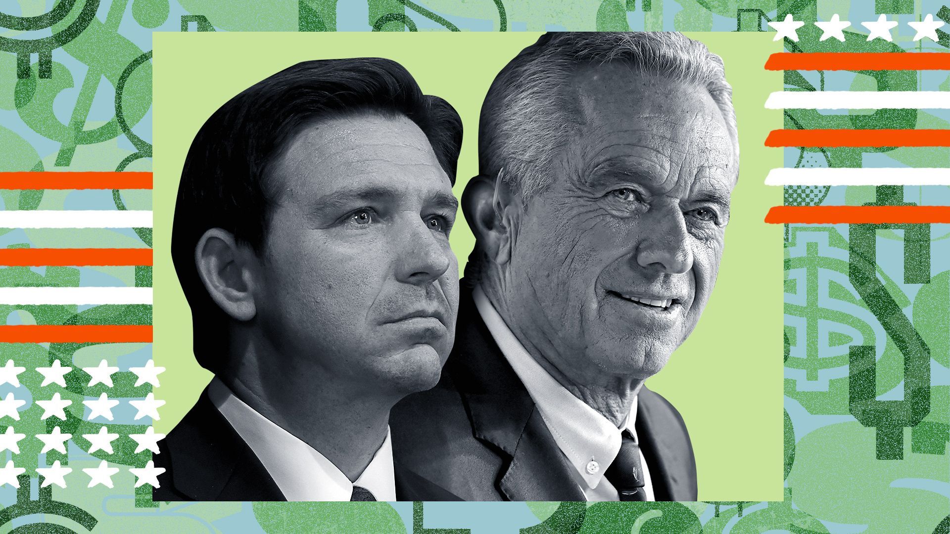 Photo illustration of Ron DeSantis and Robert F. Kennedy Jr. surrounded by abstract lines, dollar bill signs, and stars. 