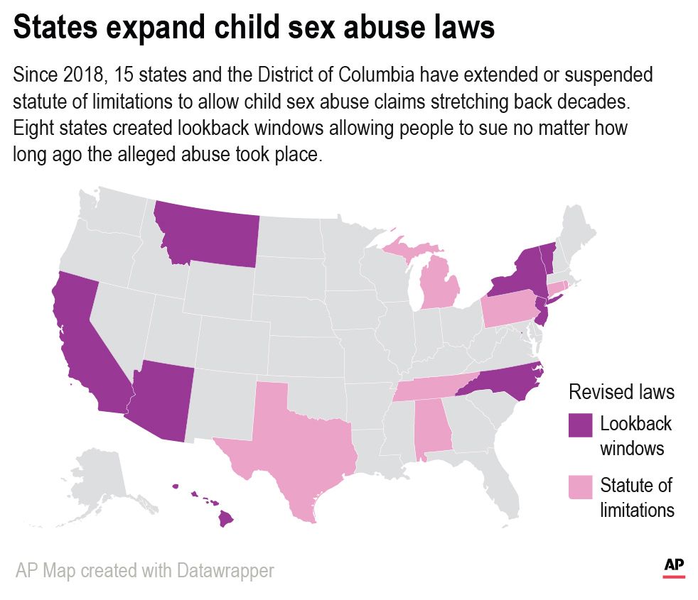 A map of the states that have expanded sex abuse laws.