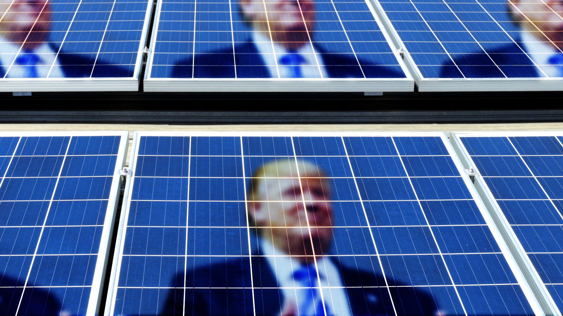 Illustration of the image of Donald Trump appearing in a grid of solar panels.