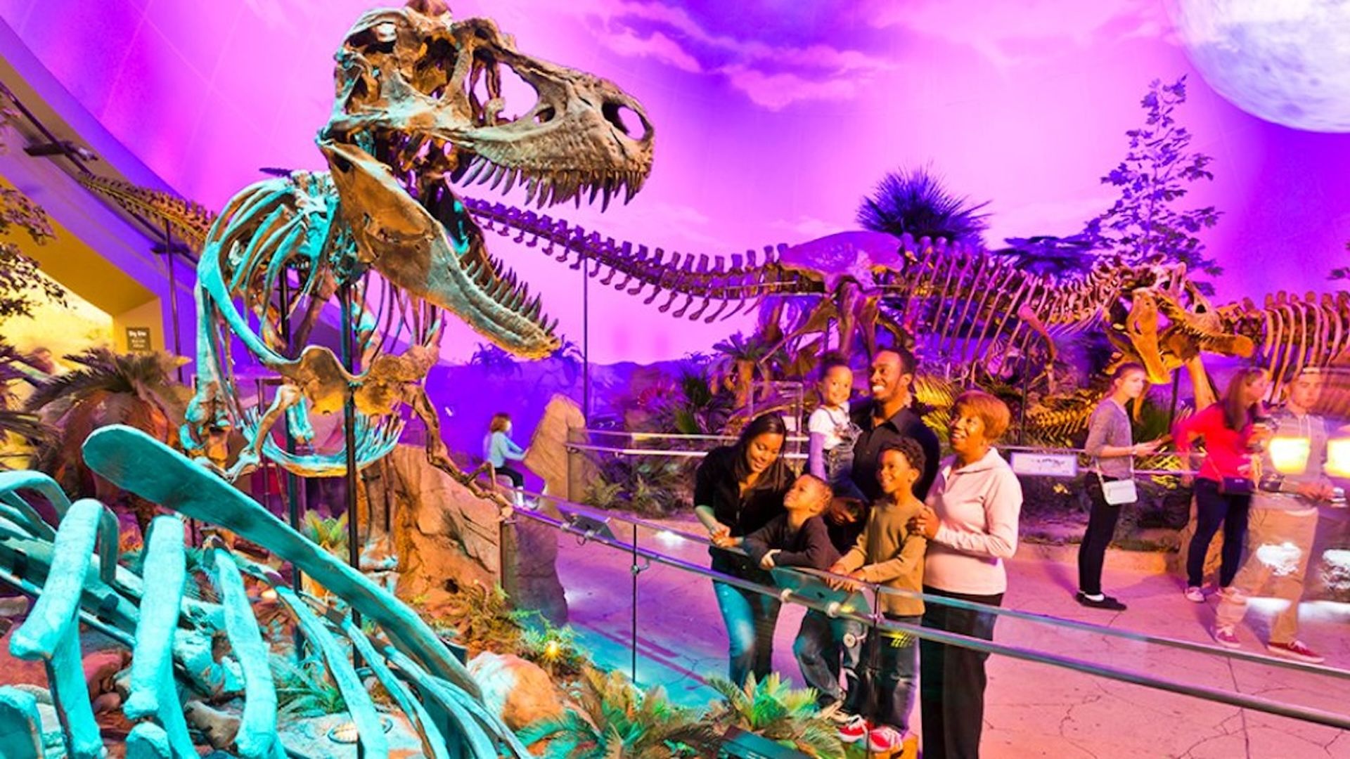 A family looking at a dinosaur exhibit in a museum.