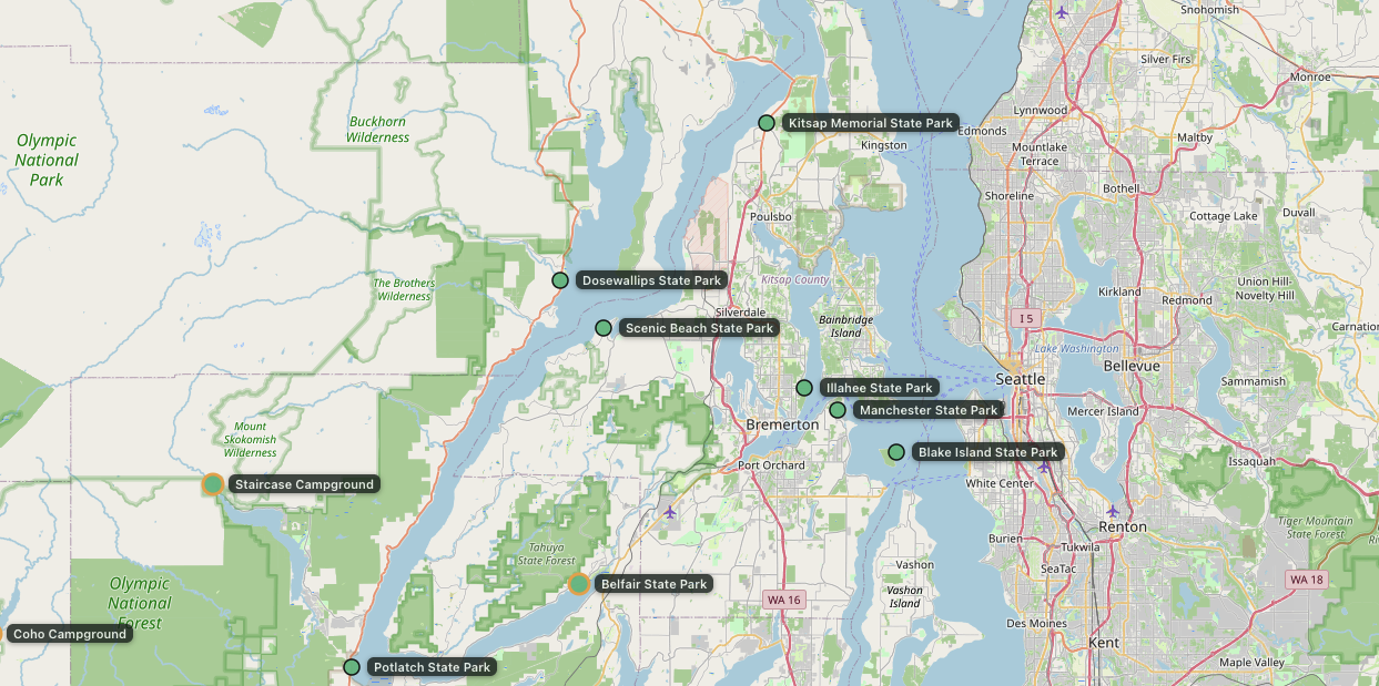 Screenshot of the Camp Sage interactive map showing available campgrounds across Western Washington. Labeled locations include Dosewallips State Park, Kitsap Memorial State Park and Dash Point State Park.