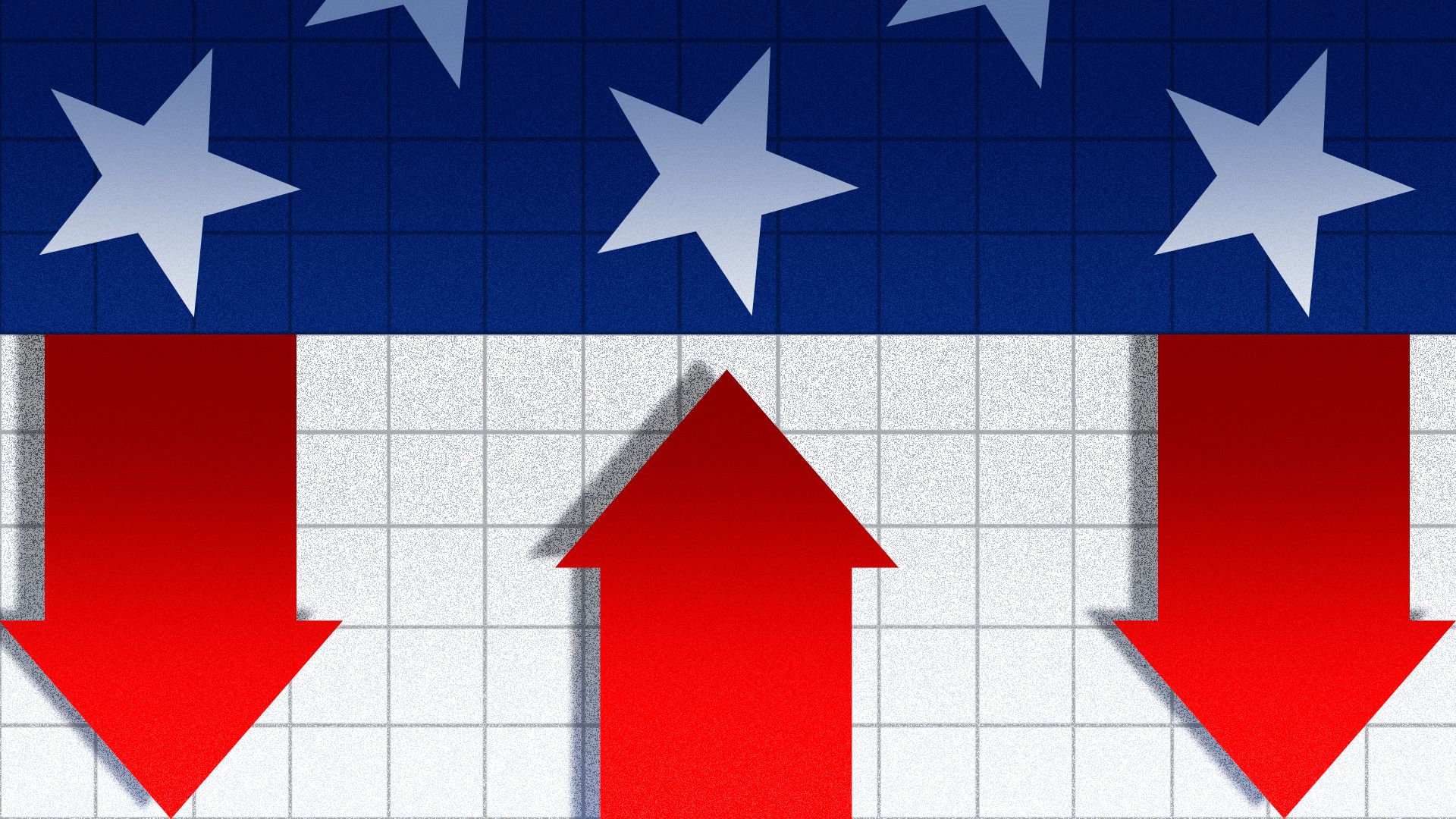 Illustration of the United States flag as a bar chart with red arrows pointing up and down