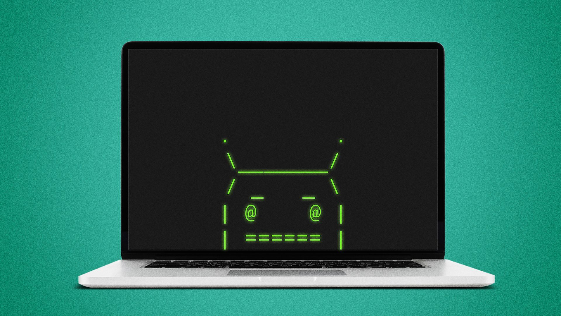 Illustration of a robot made out of ASCII text on a laptop.