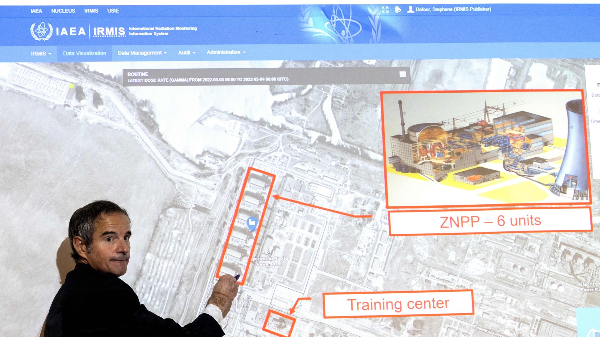 Rafael Grossi points on a map of the Ukrainian Zaporizhzhia nuclear power plant