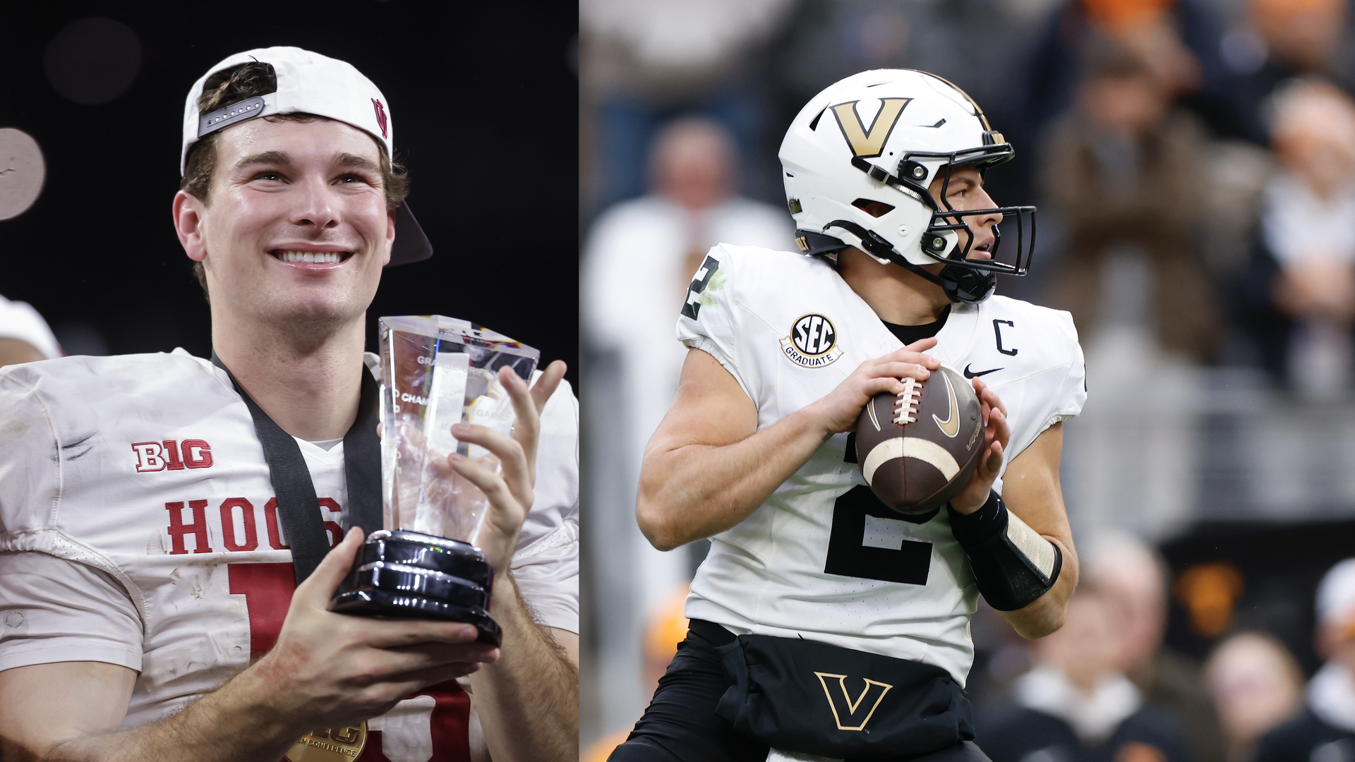 Indiana Hoosiers QB Fernando Mendoza holds the MVP trophy after the 2025 Big Ten Championship game against the Ohio State Buckeyes; Vanderbilt Commodores QB Diego Pavia  drops back to pass against the Tennessee Volunteers. Photo: Michael Hickey/Johnnie Izquierdo/Getty Images