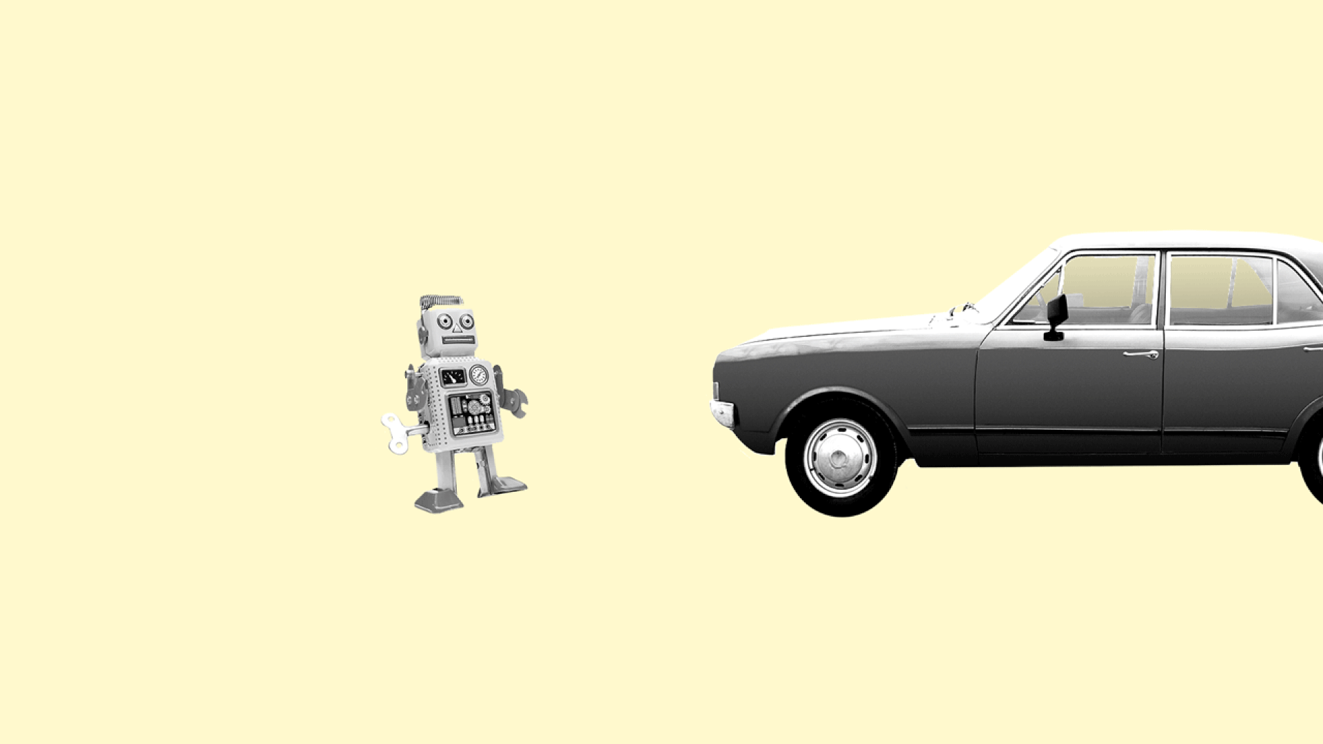 Illustration of an old car crashing into a robot.