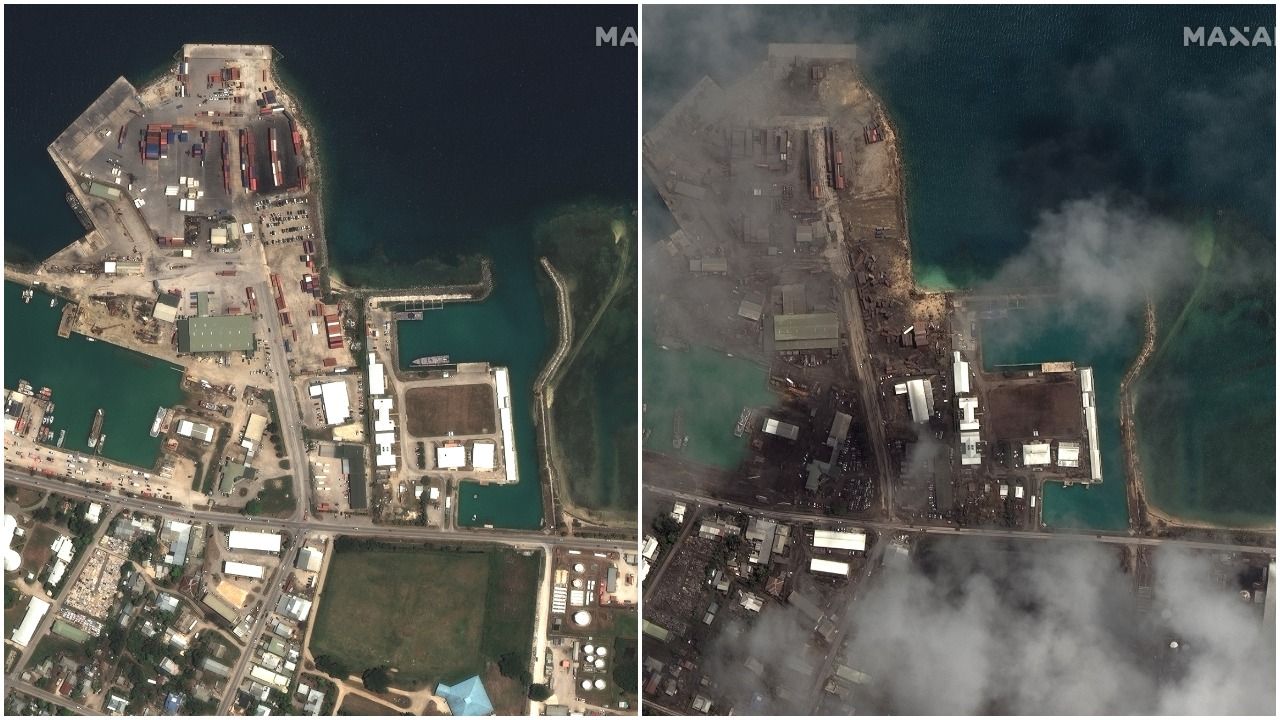 Satellite images of the port at Tonga's capital before and after the volcanic eruption.