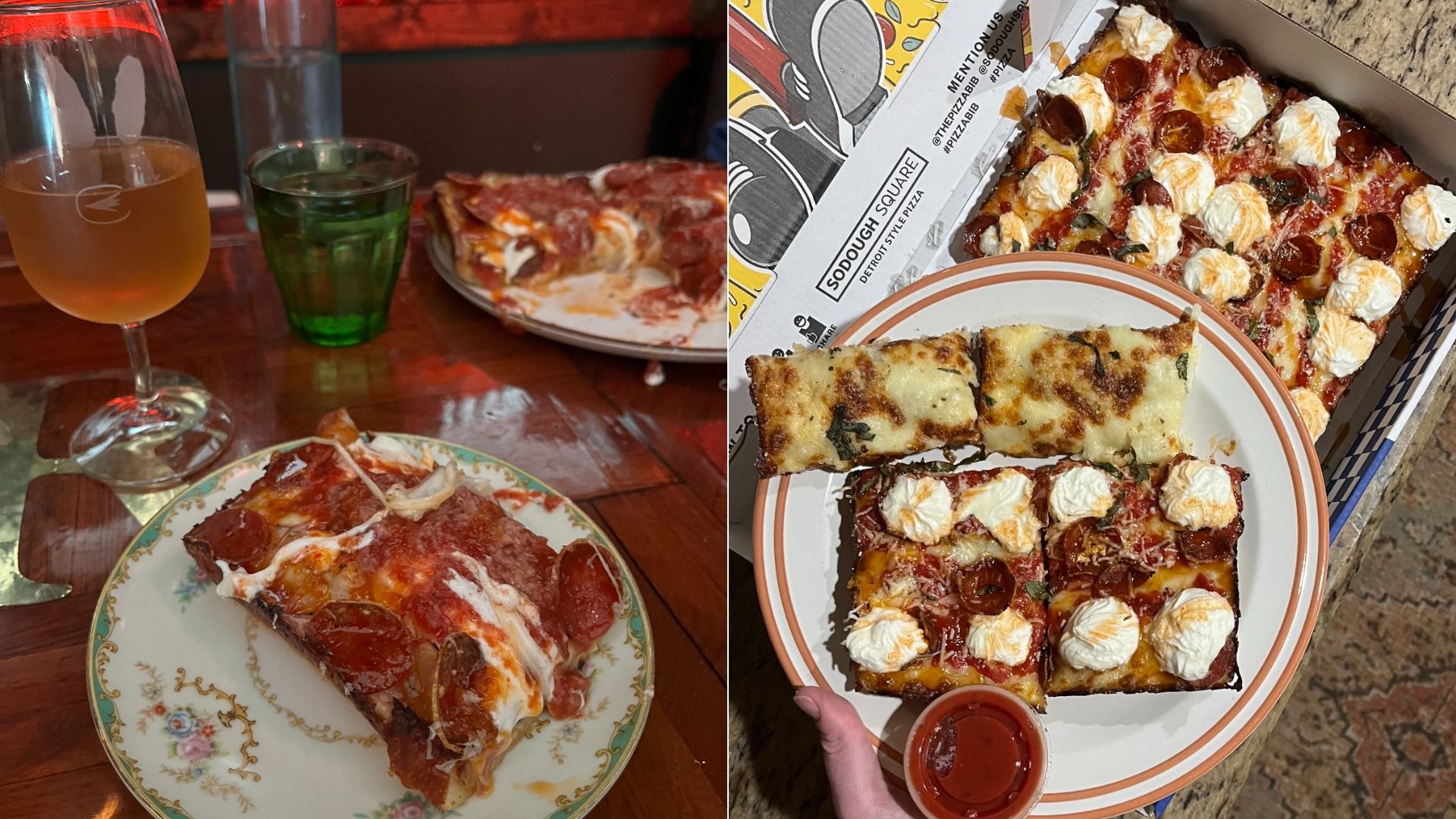 Two-panel scene: left shows a beer glass, a green glass, and pepperoni pizza slices on floral plates; right shows a Detroit-style pepperoni pizza in a box with plated slices and a sauce cup.