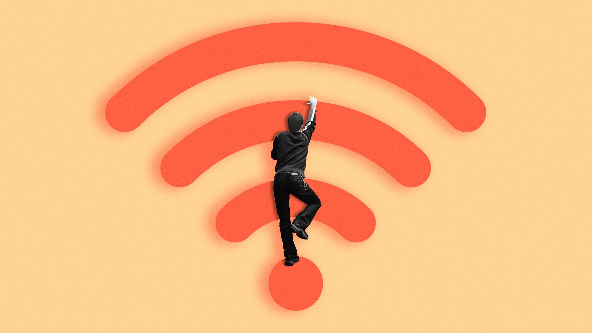 Illustration of a man climbing a wifi symbol like a ladder.