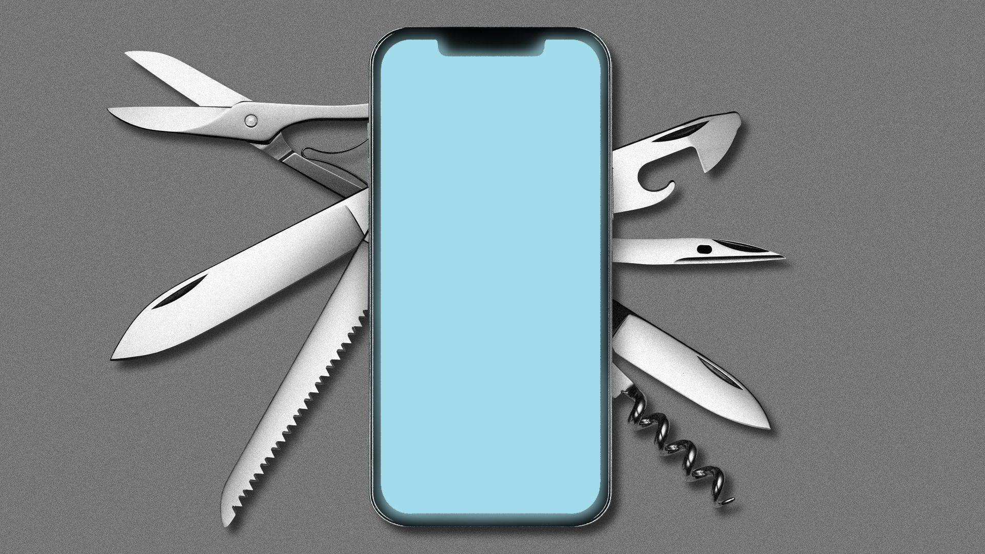 Illustration of a cell phone with Swiss army knife attachments.