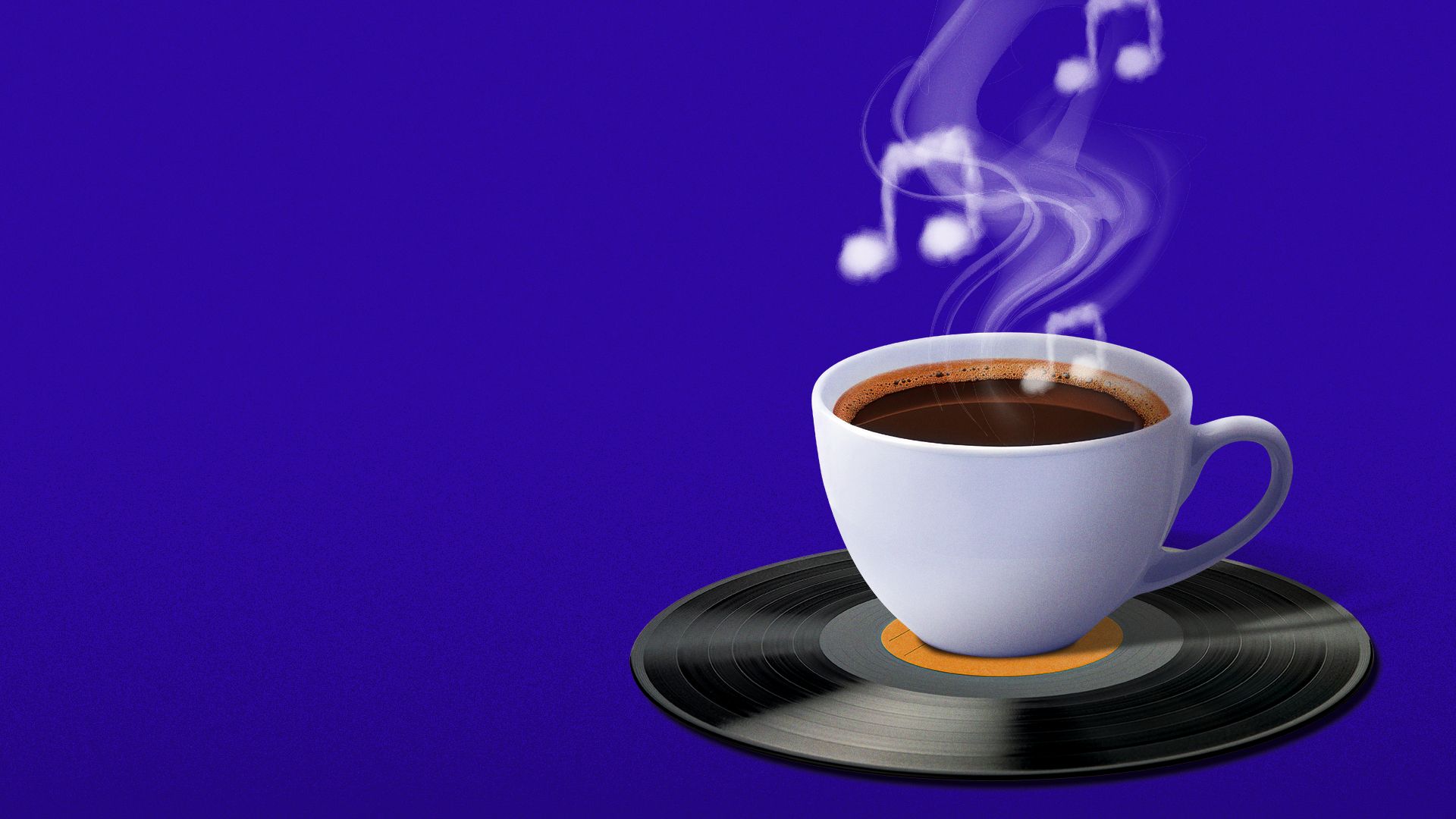 Illustration of a coffee cup sitting on a black vinyl record, with steam forming musical notes rising above the cup.