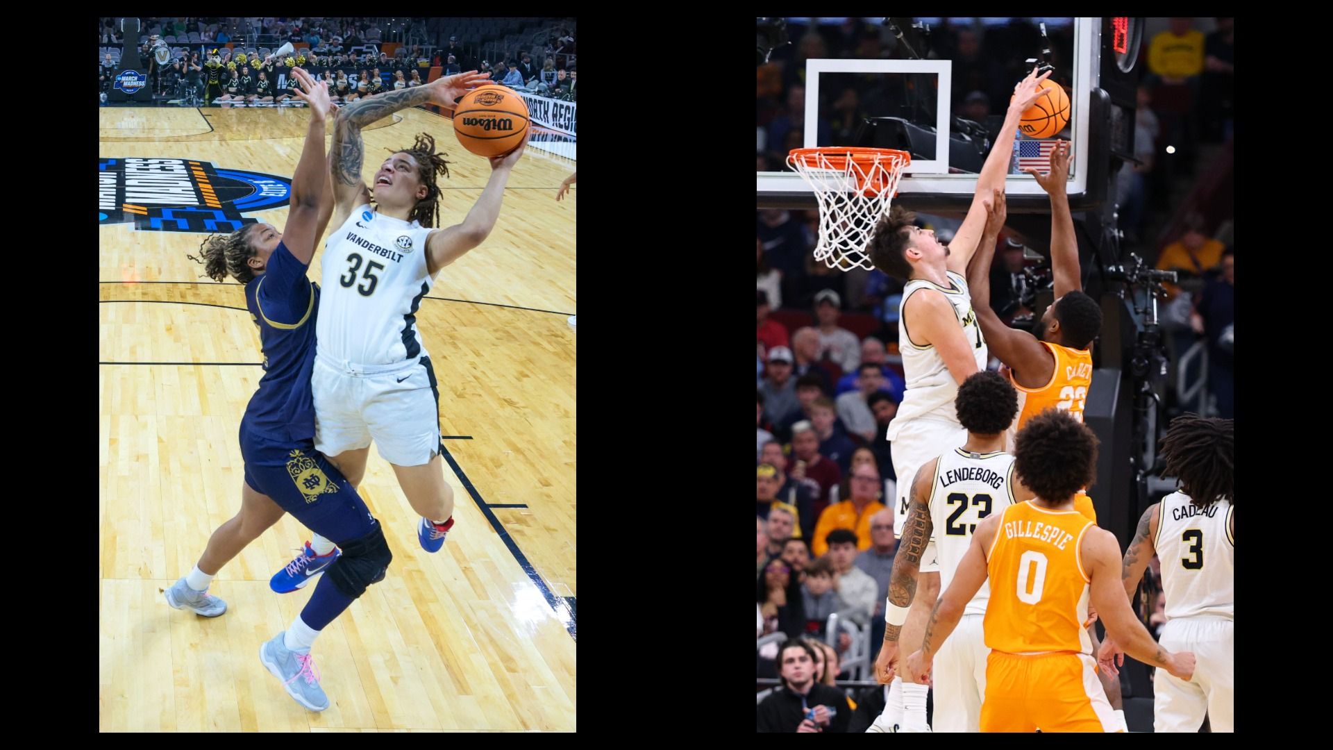 Vanderbilt's Sacha Washington goes up for a shot against Notre Dame. Tennessee's Jaylen Carey has his shot blocked against Michigan.