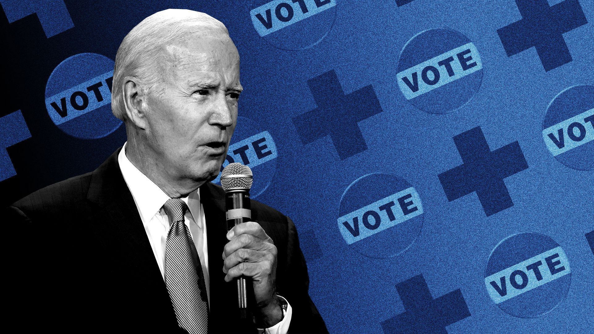 An illustration showing a picture of President Biden speaking into a microphone with vote buttons and medical crosses in the background.