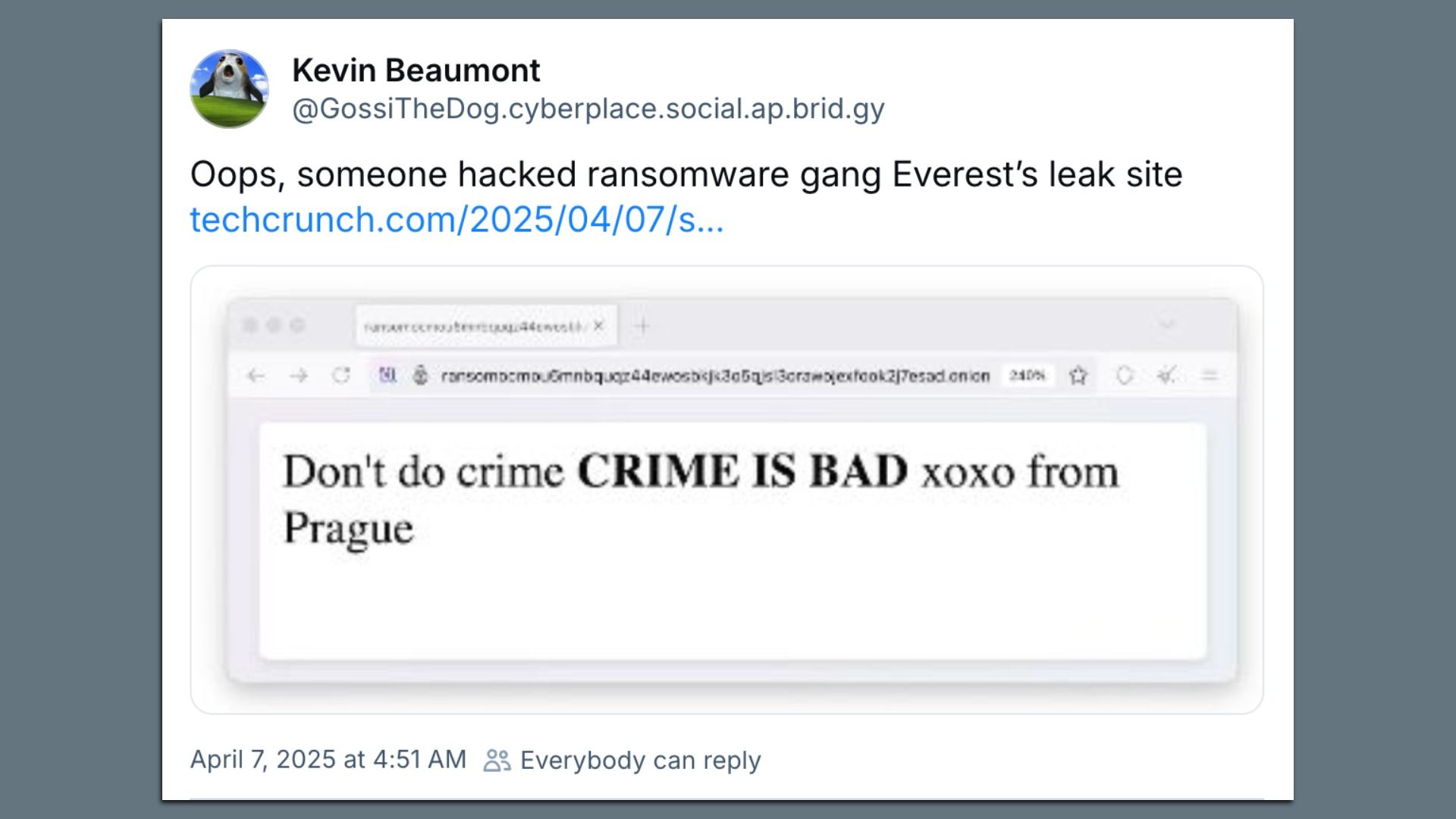 A screenshot of a BlueSky post from Kevin Beaumont that reads, "Oops, someone hacked ransomware gang Everest's leak site"