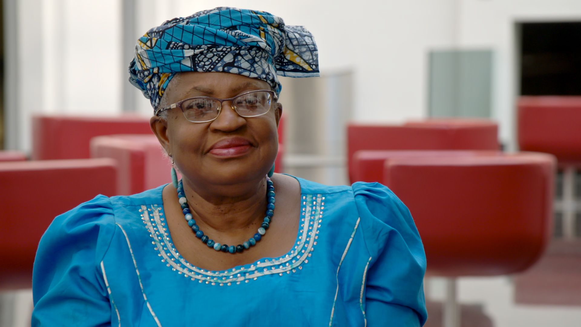 World Trade Organization President Ngozi Okonjo-Iweala is seen during an interview with 