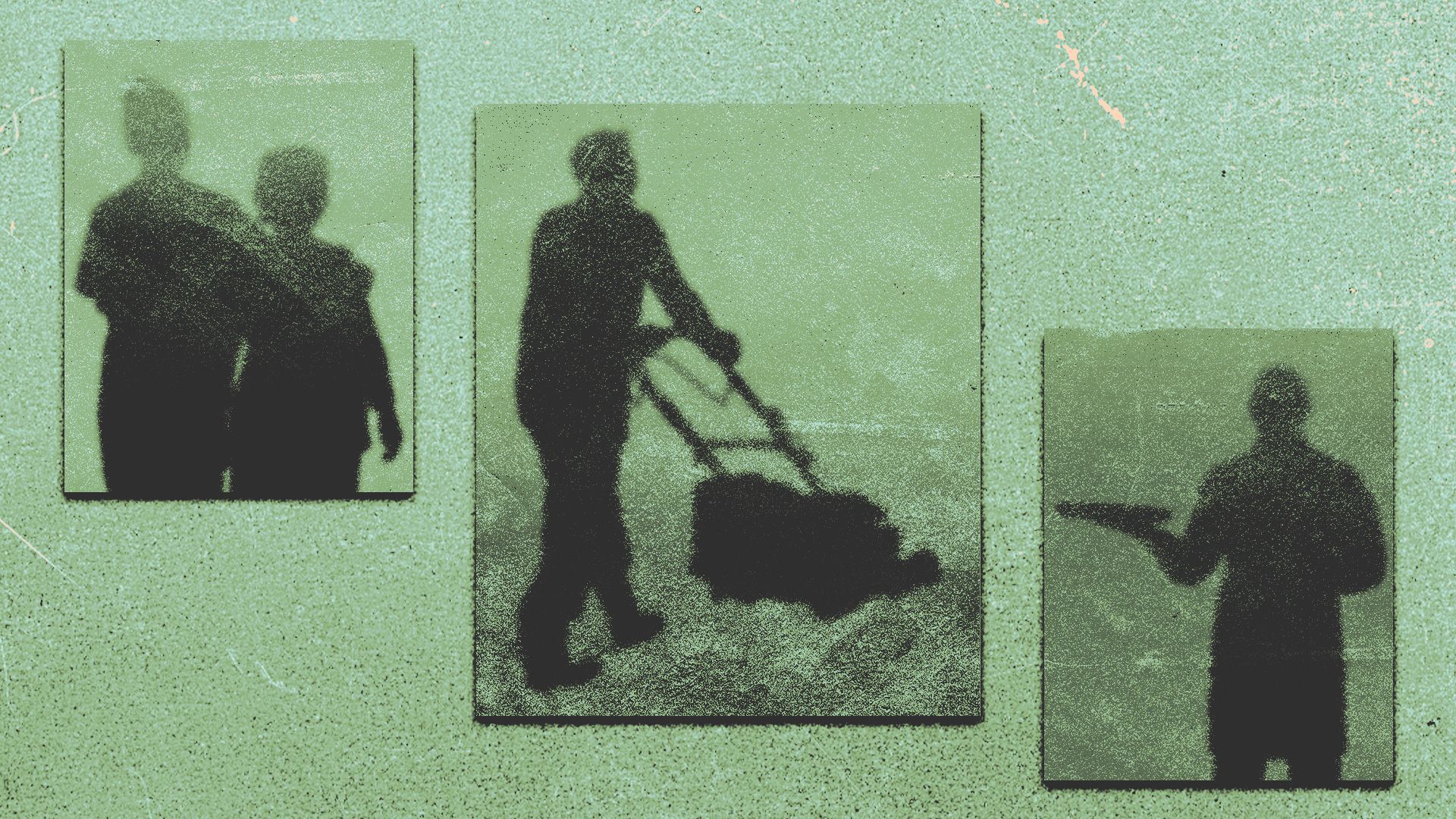 Illustration of a collage featuring an elderly caretaker with her arm around a patient, a landscaper mowing a lawn, and a waiter casting shadows on frames on a wall.