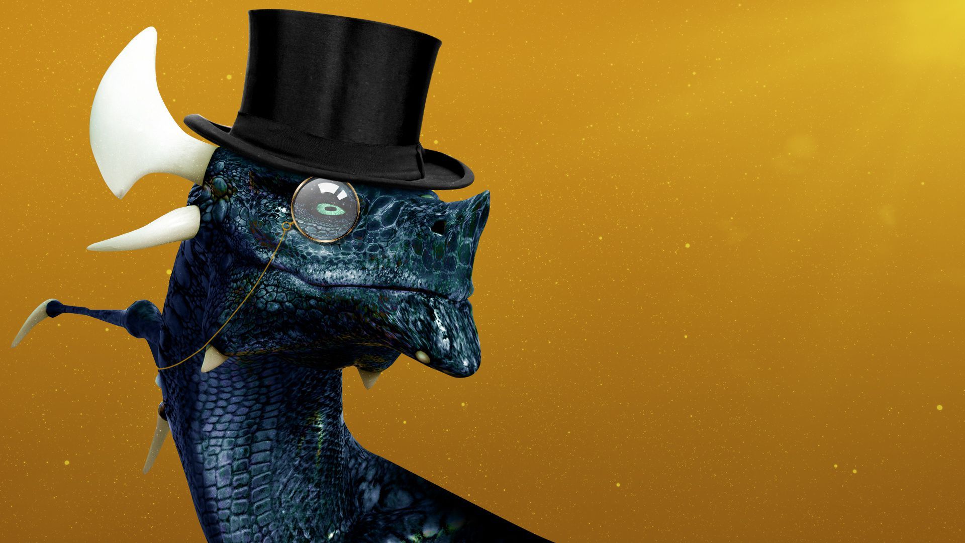 Illustration of a dragon in a top hat and monocle. 