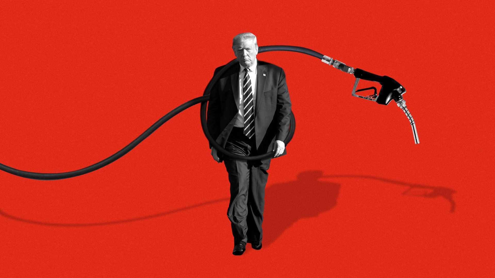 Illustration of Trump walking in front of an oil pump