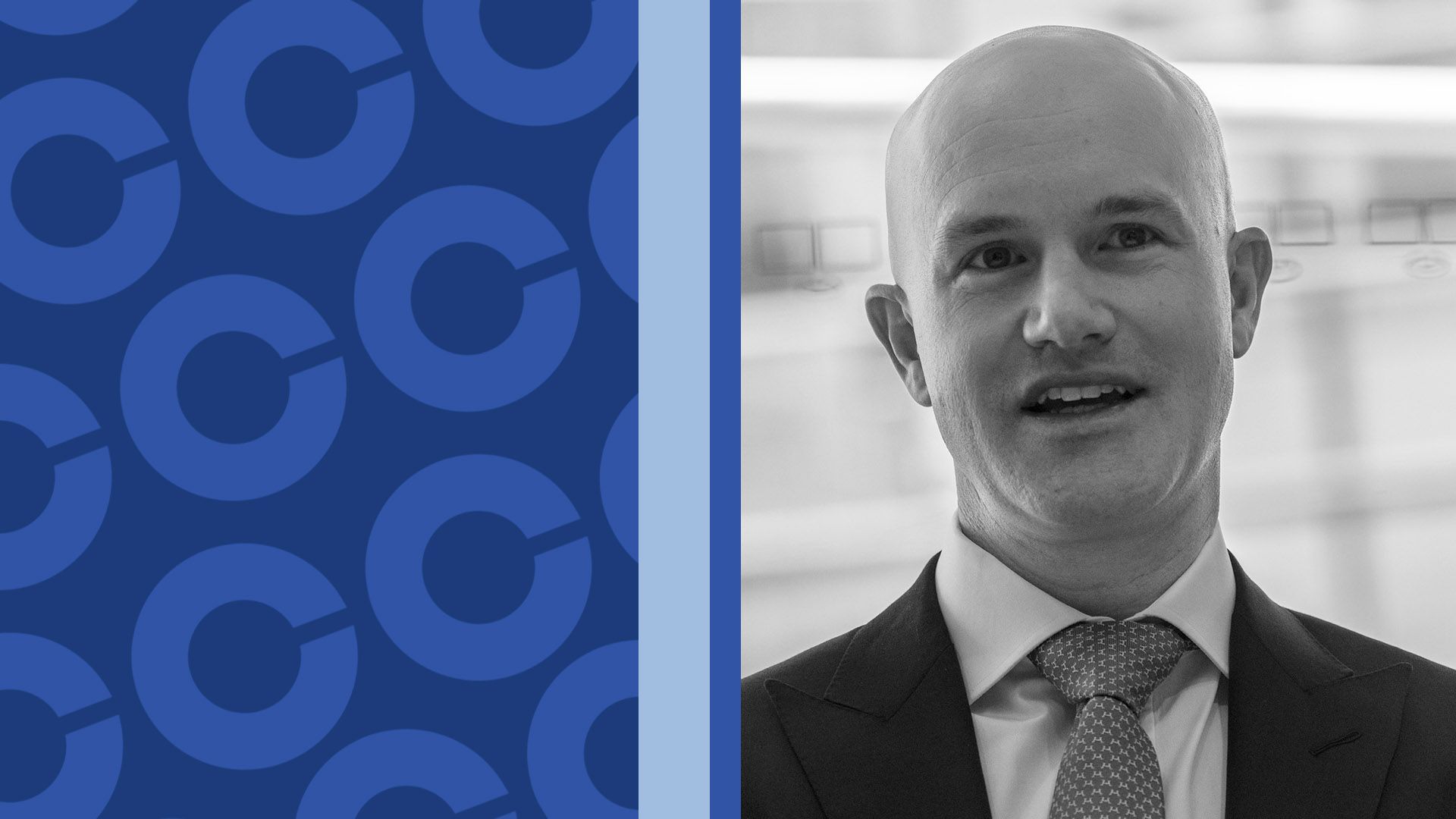 Photo Illustration of Brian Armstrong with a pattern of coinbase logos