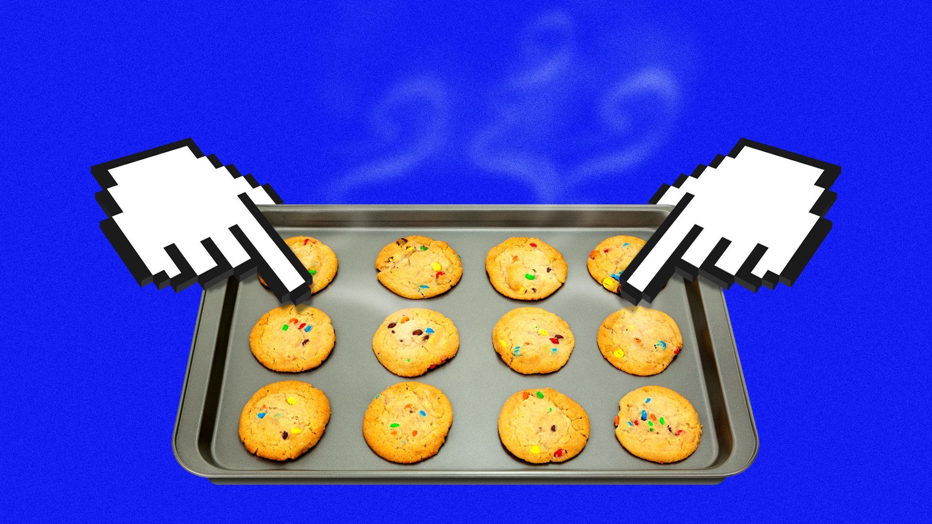 Illustration of a pair of cursor hands holding a steaming pan of cookies