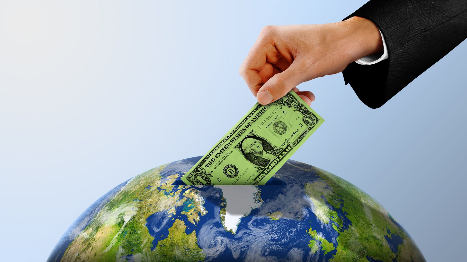 Illustration of a hand depositing a one dollar bill into the Earth through a slot. 